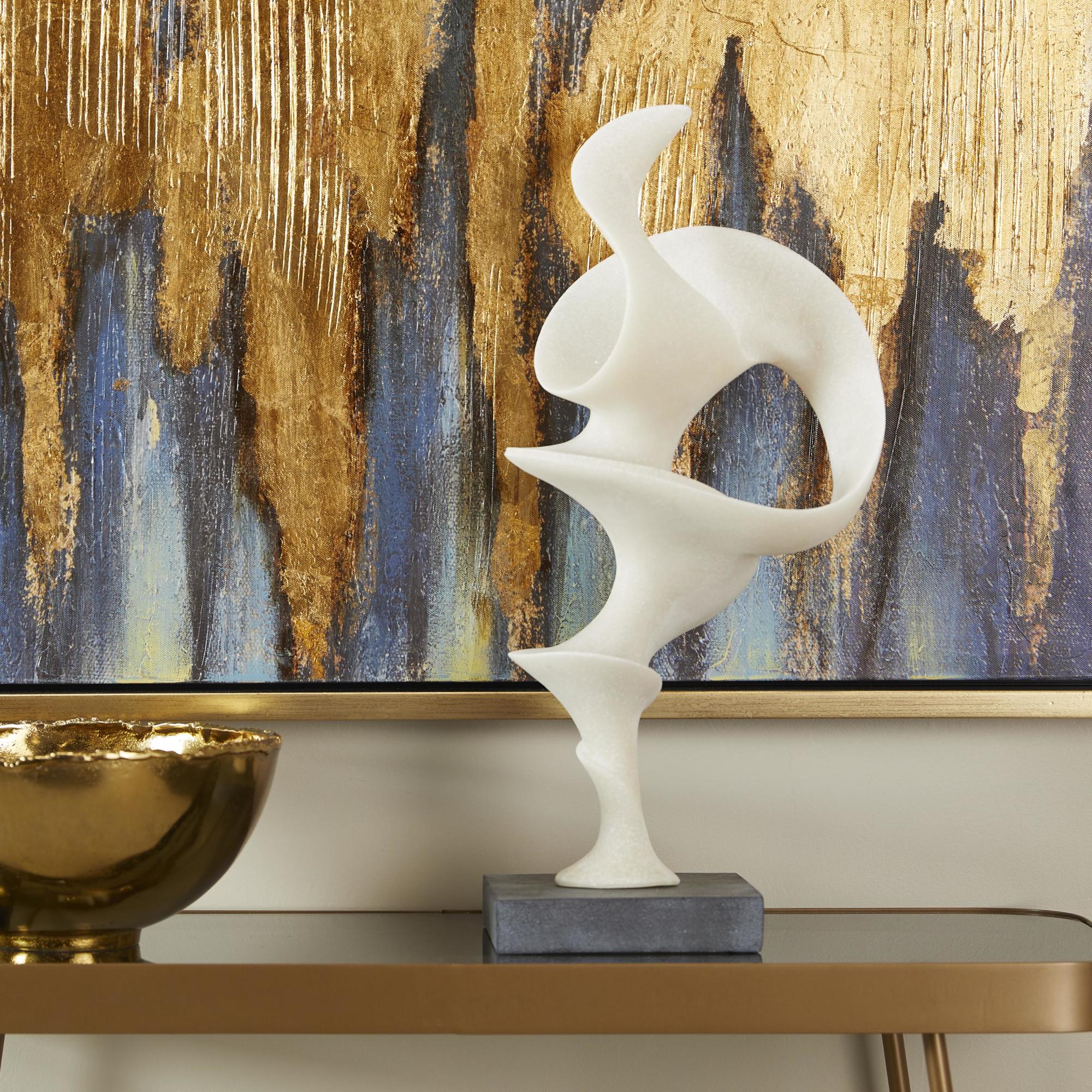 Abstract White Polystone Decorative Sculpture with Black Base