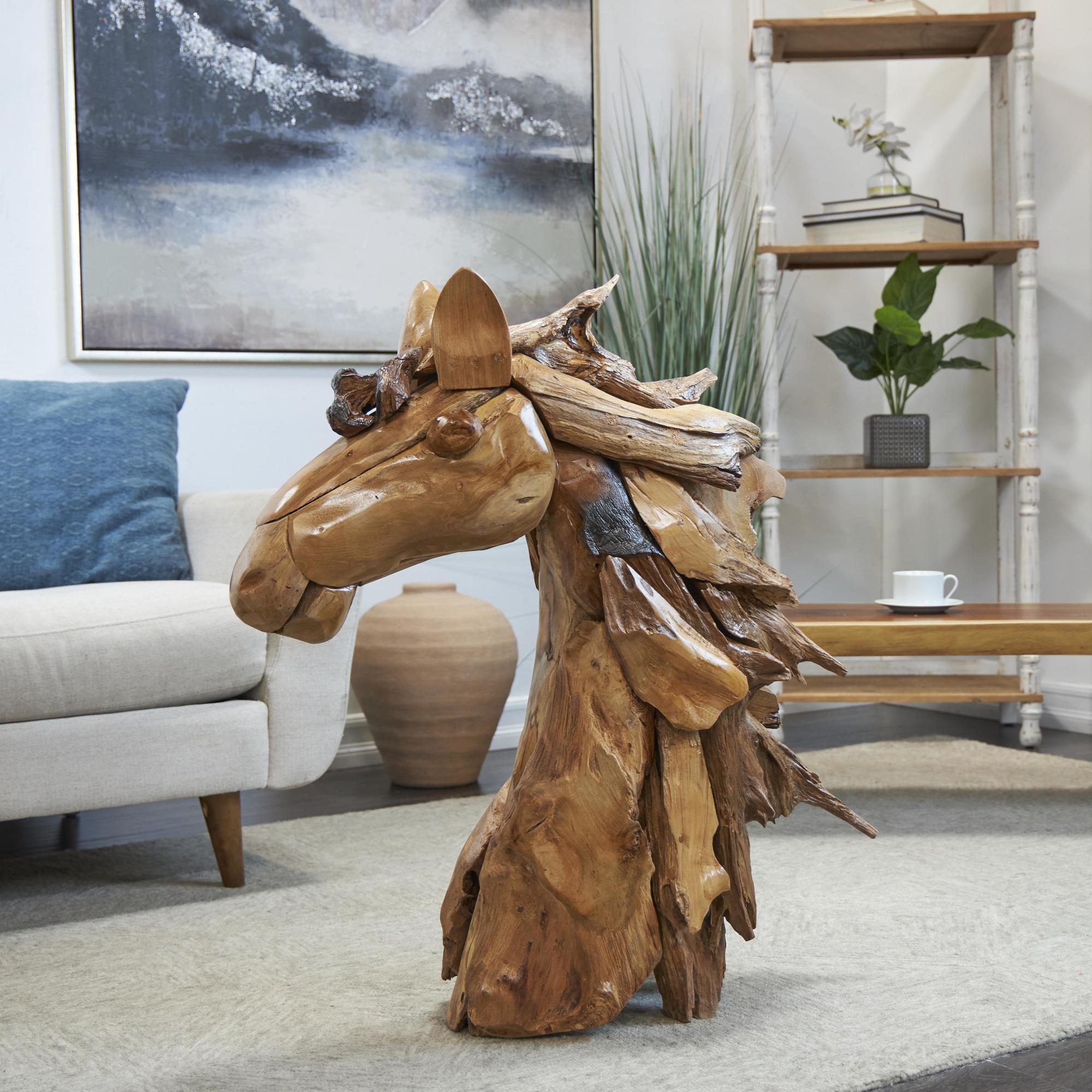 Horse Brown Teak Wood Handmade Decorative Sculpture