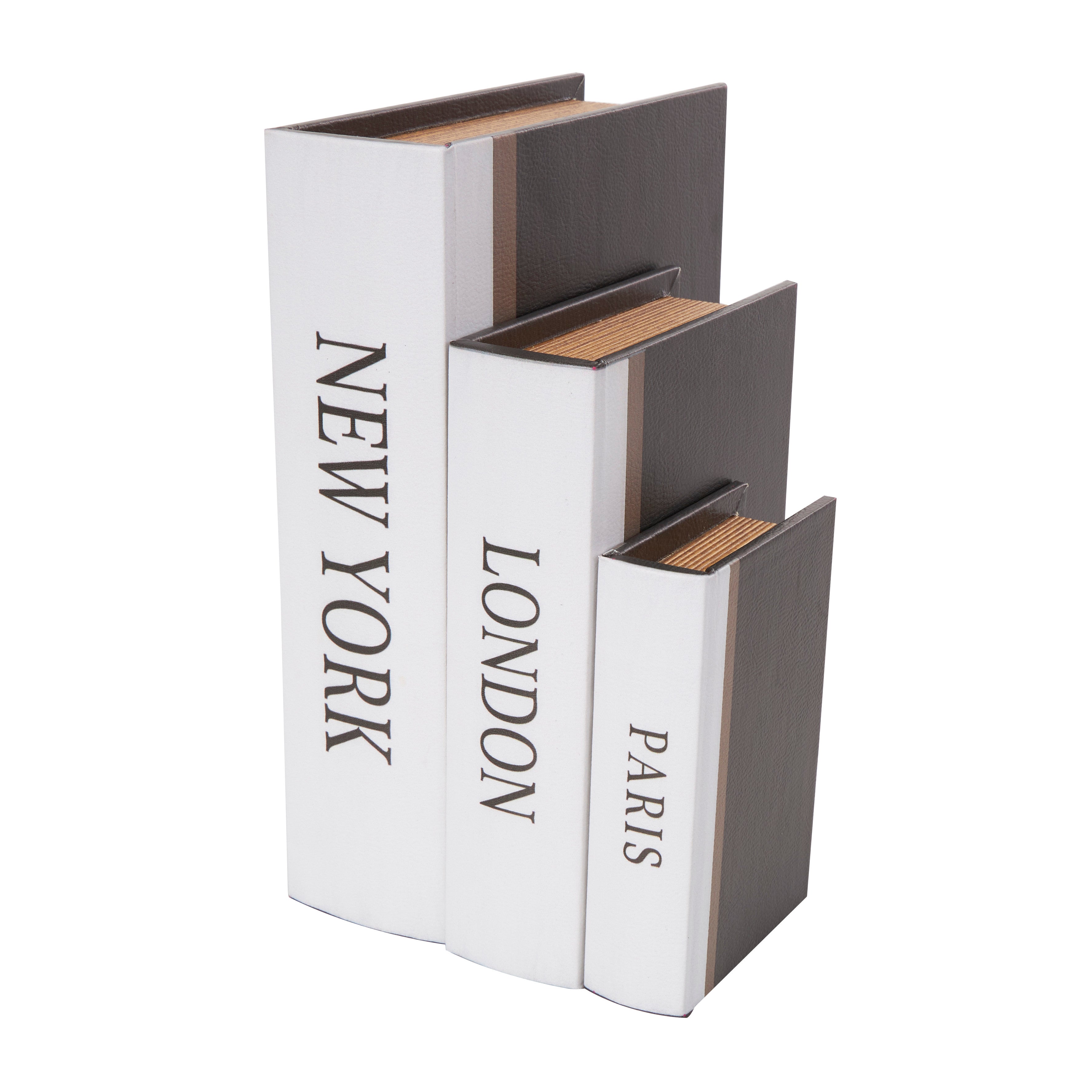 Set of 3 Black Faux Leather Paris, London, New York Faux Book Storage Decorative Box with White Spine
