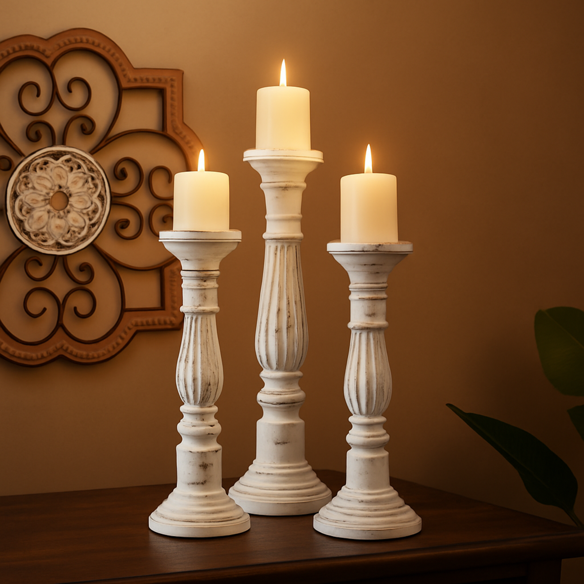 Set of 3 White Mango Wood Tall Distressed Turned Decorative Candle Holder