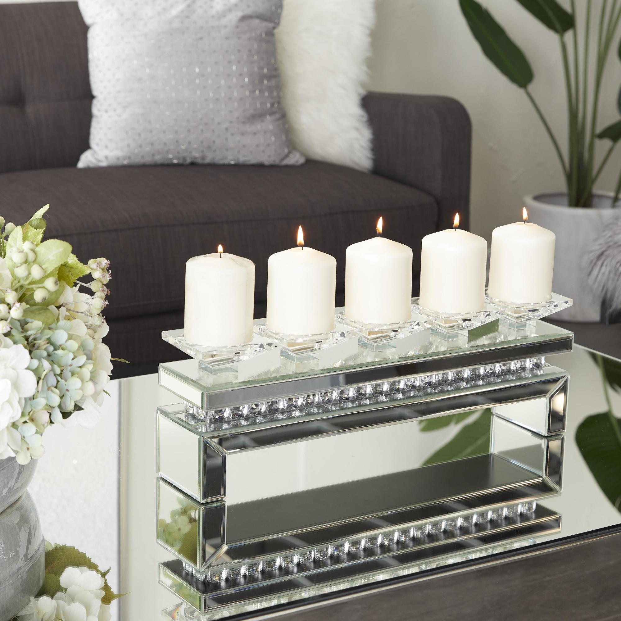 Silver Wooden Pillar 5 Plate Decorative Candelabra with Mirrored Accents