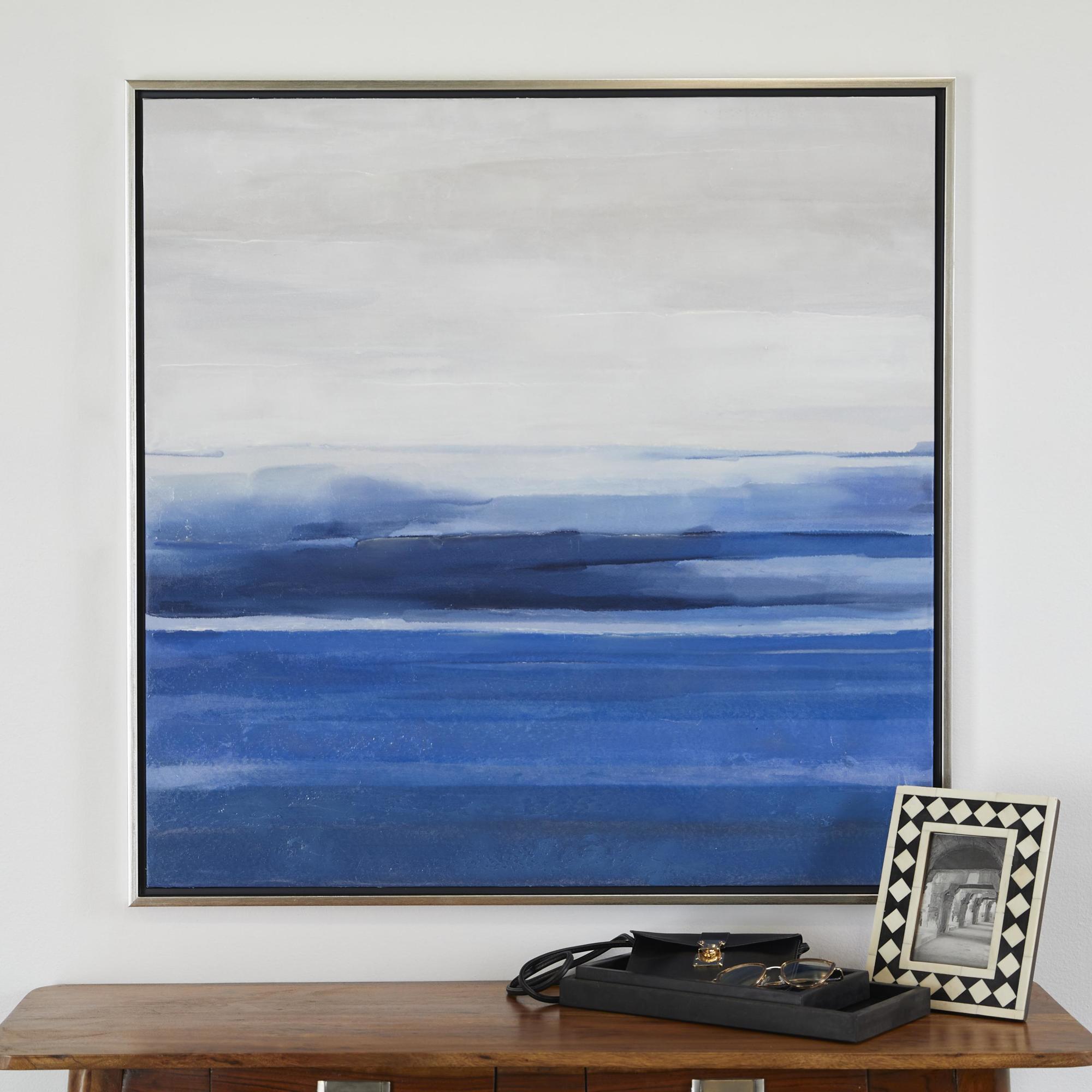 Landscape Blue Canvas Abstract Ocean Inspired Living Room Framed Wall Art with Silver Frame