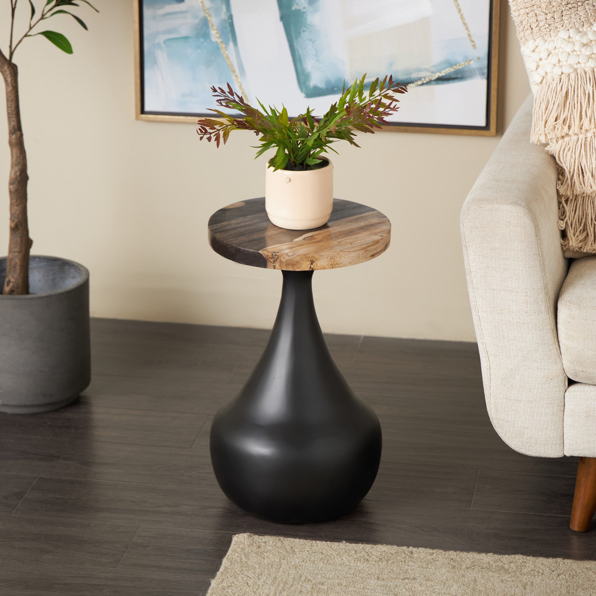 Black Teak Wood Handmade Fluted Side End Accent Table with Brown Tabletop