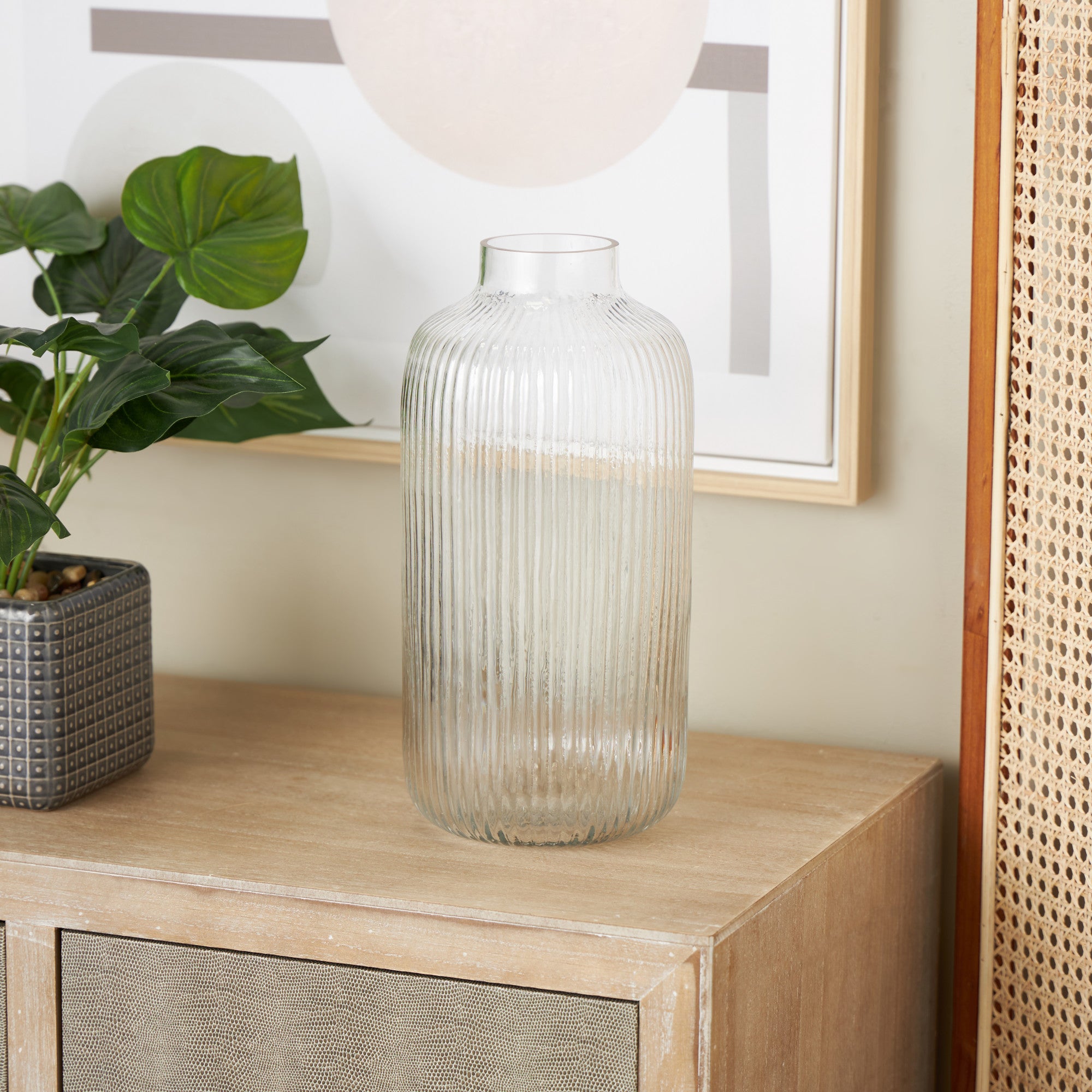 Clear Glass Ribbed Fluted Decorative Vase
