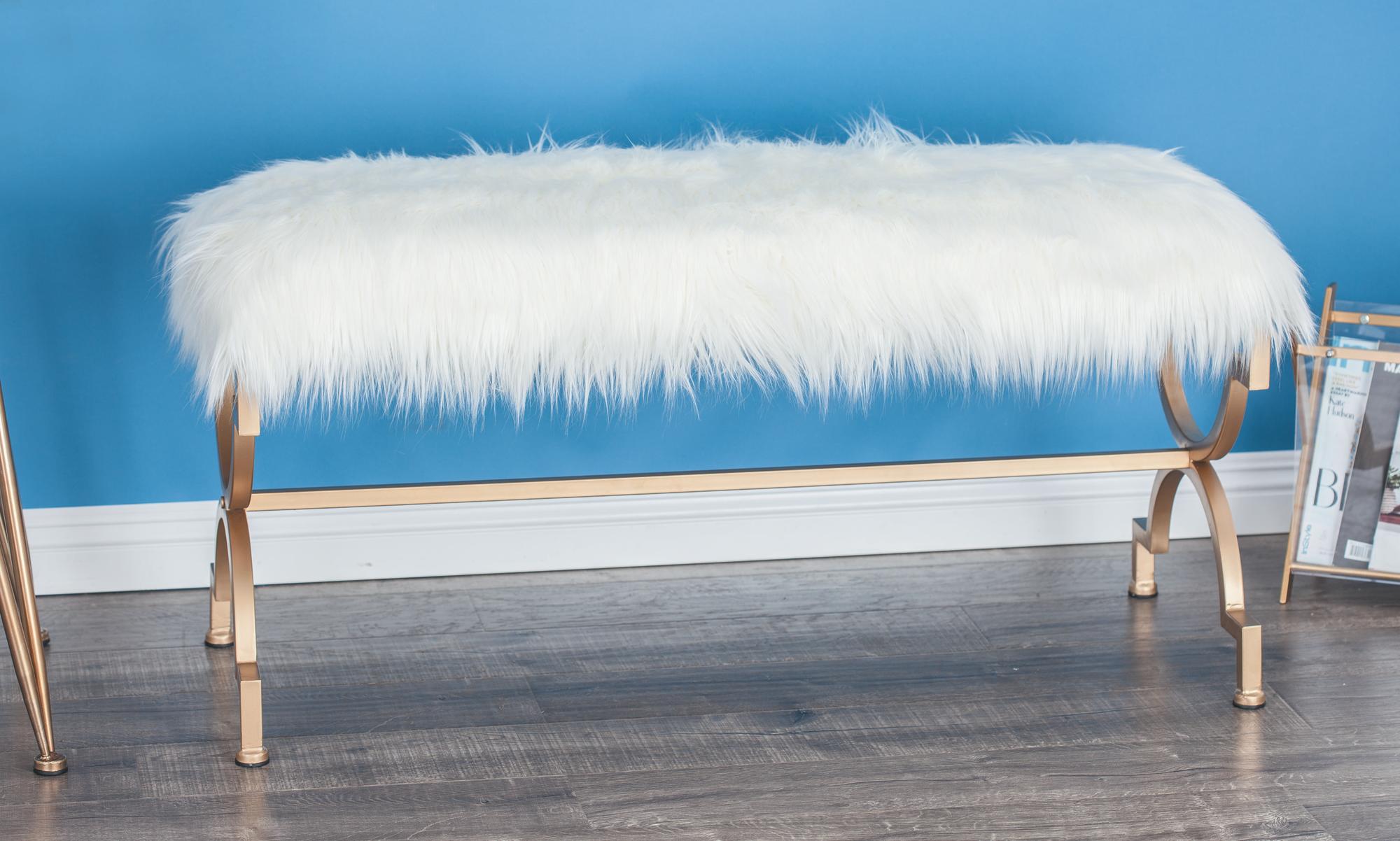 Gold Metal Home Bench with White Faux Fur Top