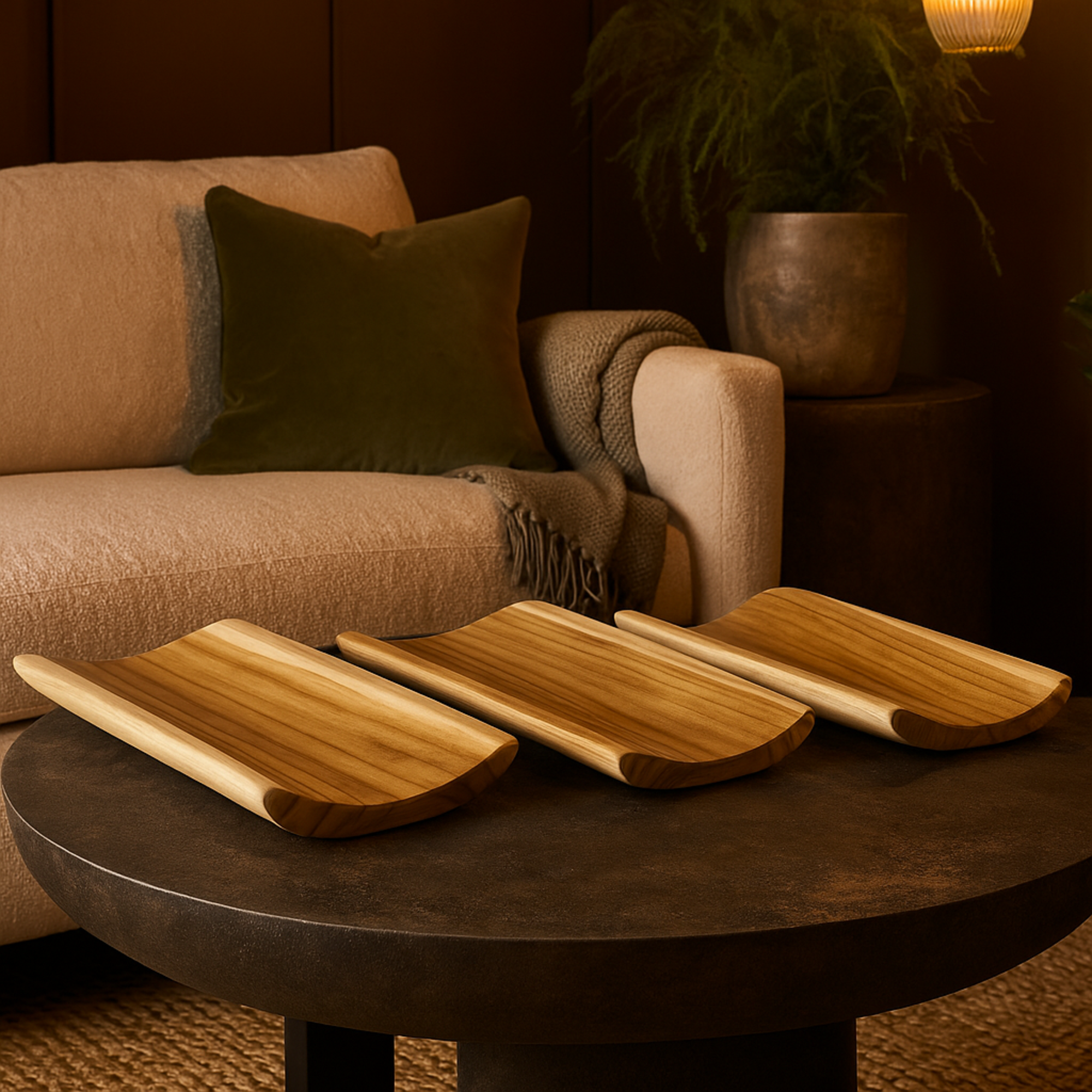 Set of 3 Brown Teak Wood Handmade Curved Living Room Decor Tray