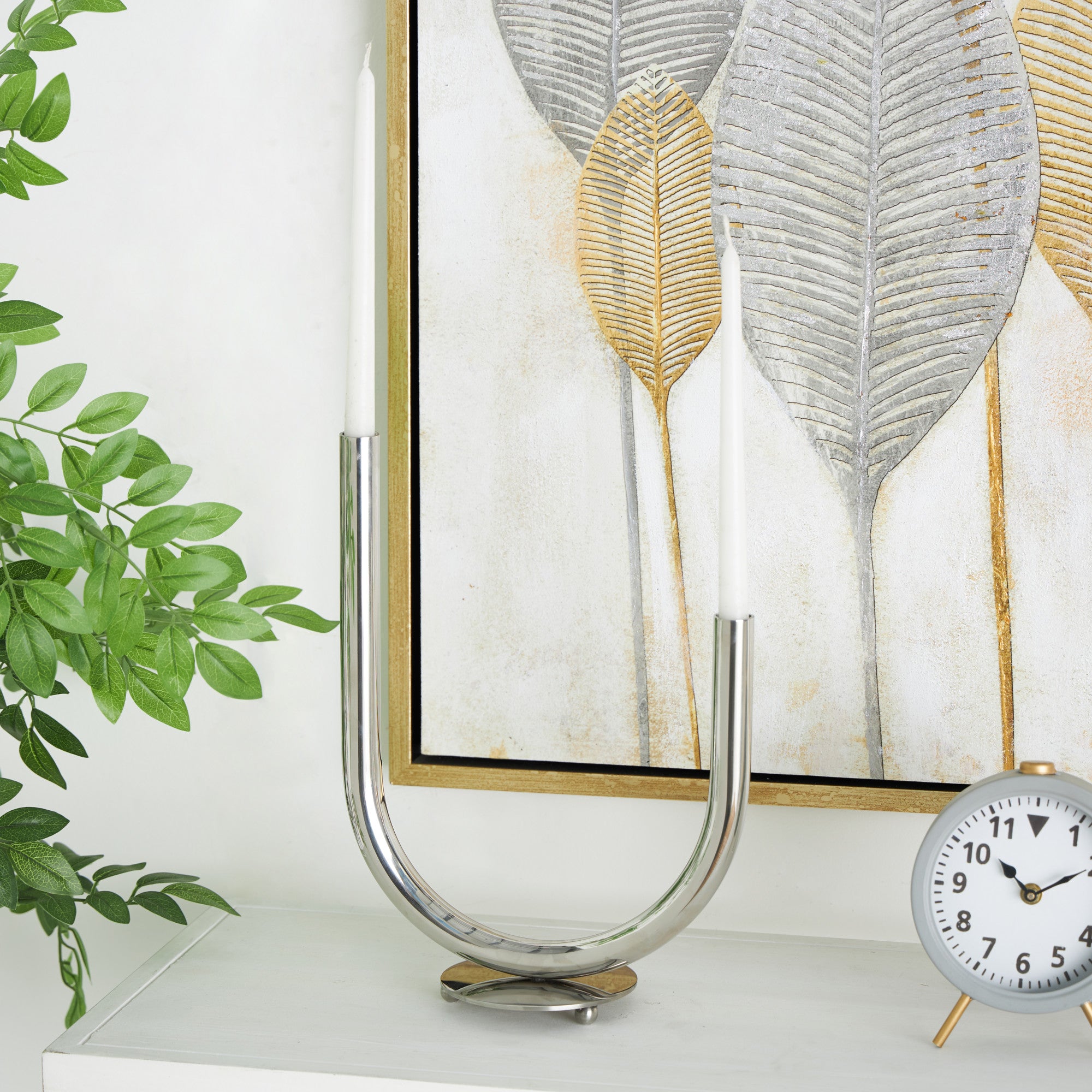 Silver Stainless Steel Metal Abstract U-Shaped Decorative Candelabra