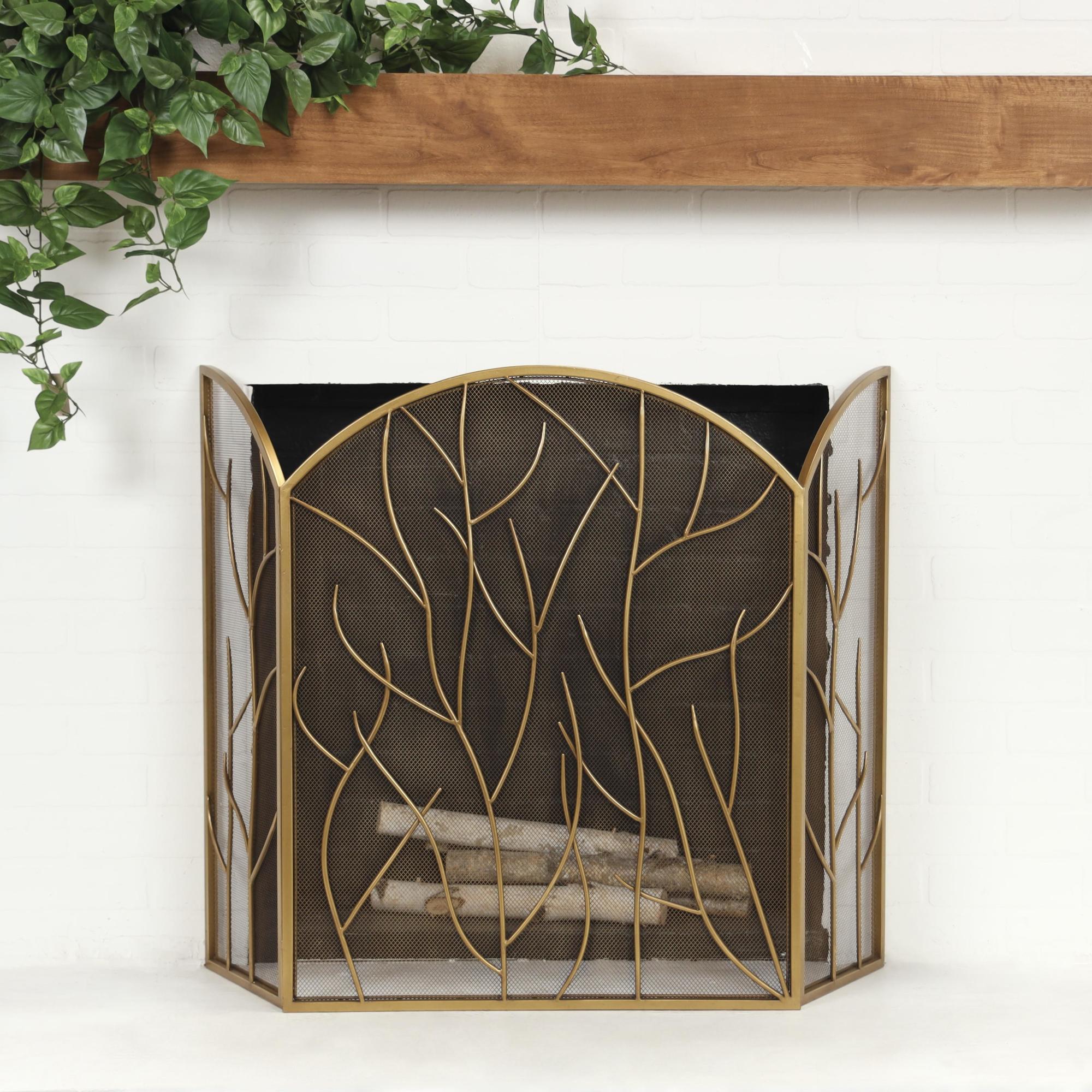Tree Brass Metal Branch Single Panel Living Room Fireplace Screen with Mesh Netting