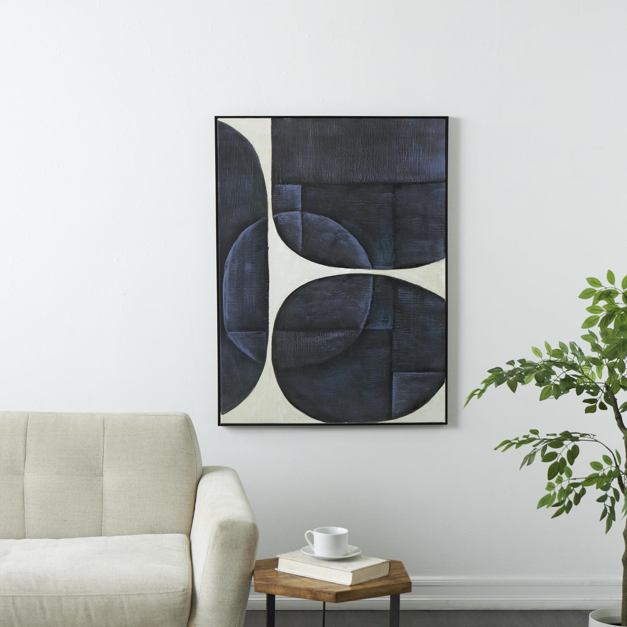 Geometric Blue Canvas Geometric Shape Living Room Framed Wall Art with Black Frame