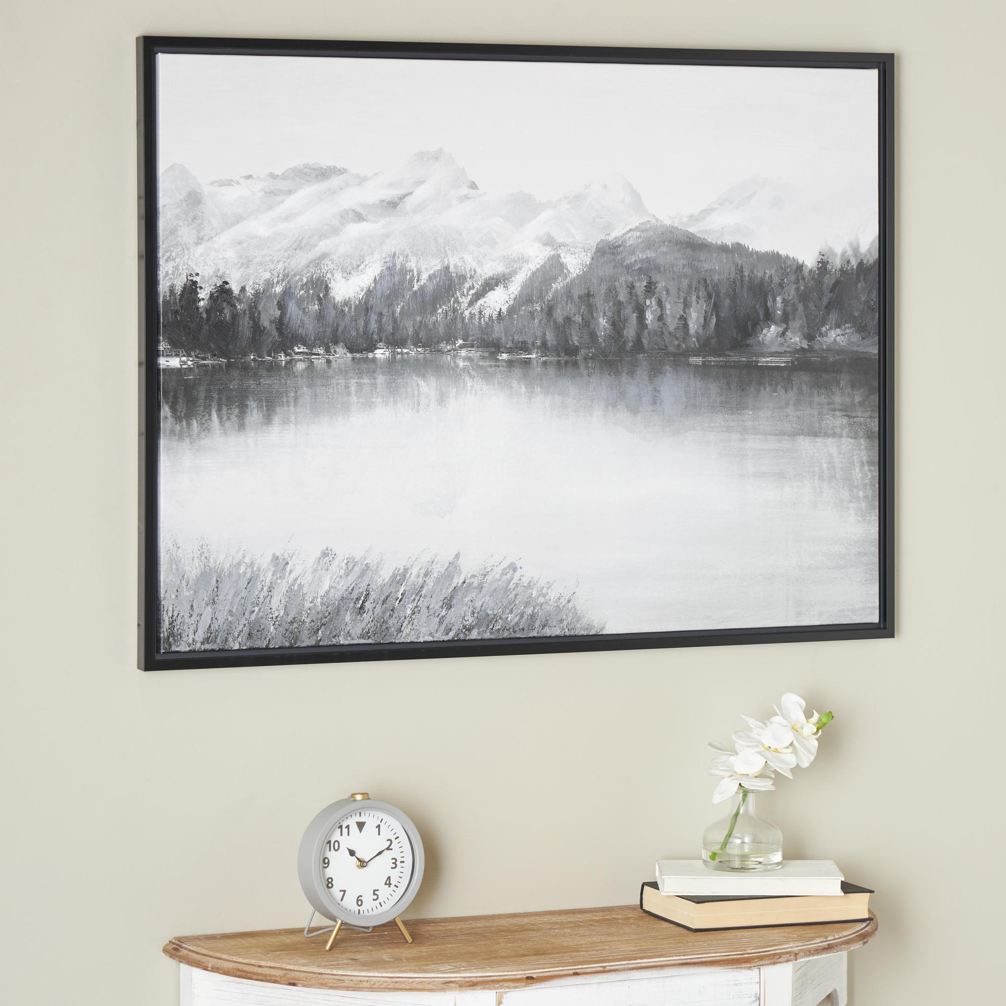 Landscape Gray Canvas Neutral Toned Lake and Mountain Living Room Framed Wall Art with Black Frame
