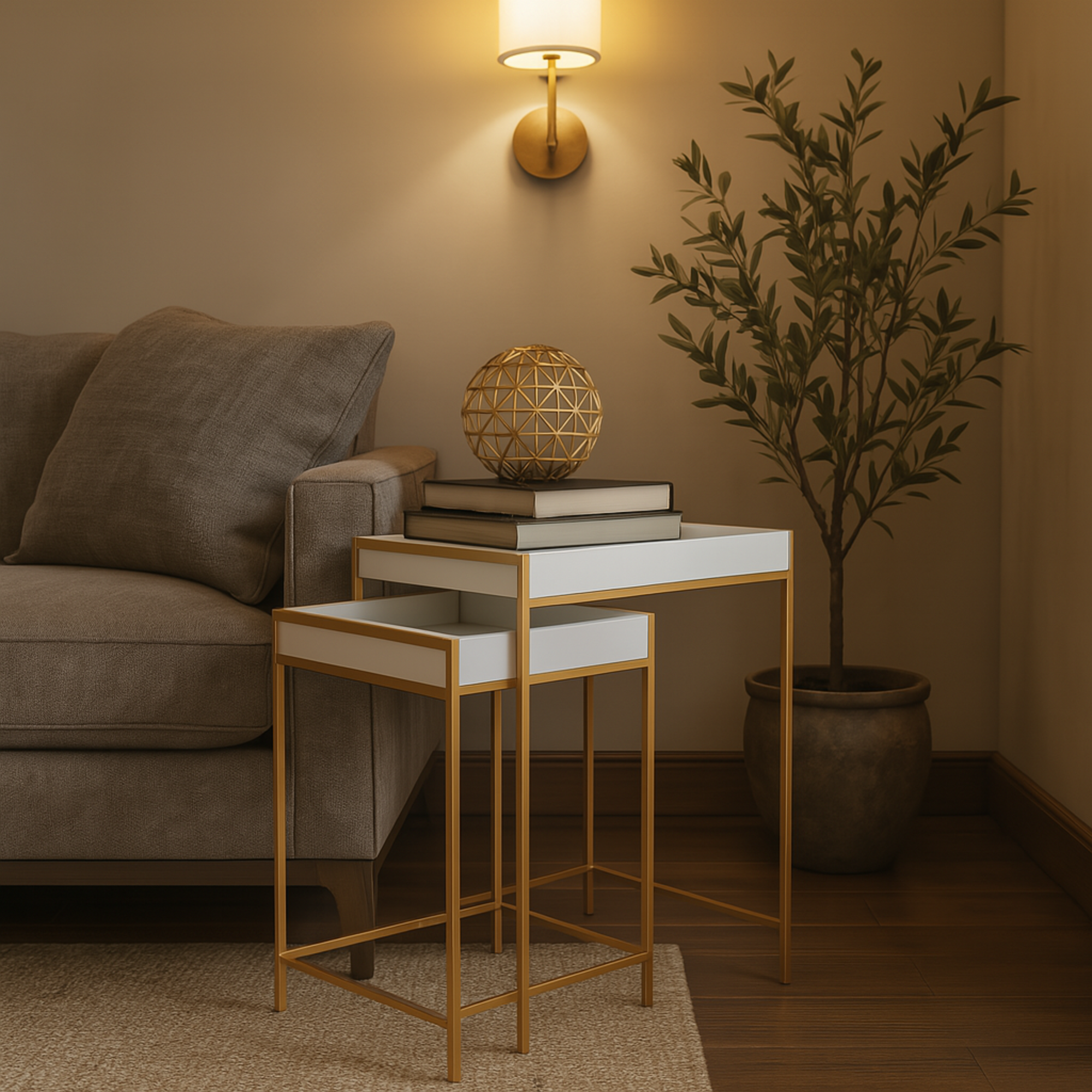 Set of 2 Geometric White Wooden Nesting Tray Top Side End Accent Table with Gold Metal Legs