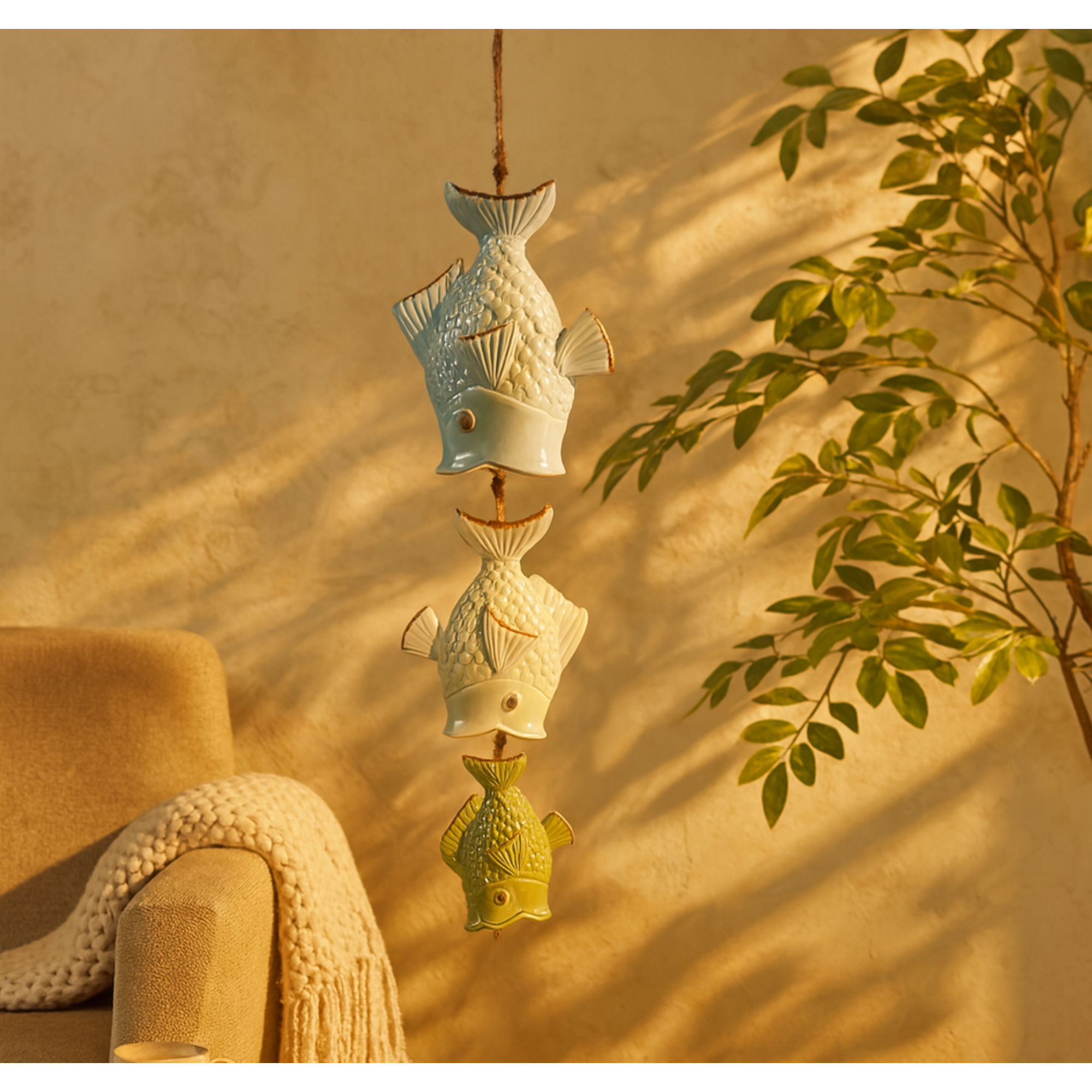 Fish Multi Colored Ceramic Indoor Outdoor Windchime with Brown Rope