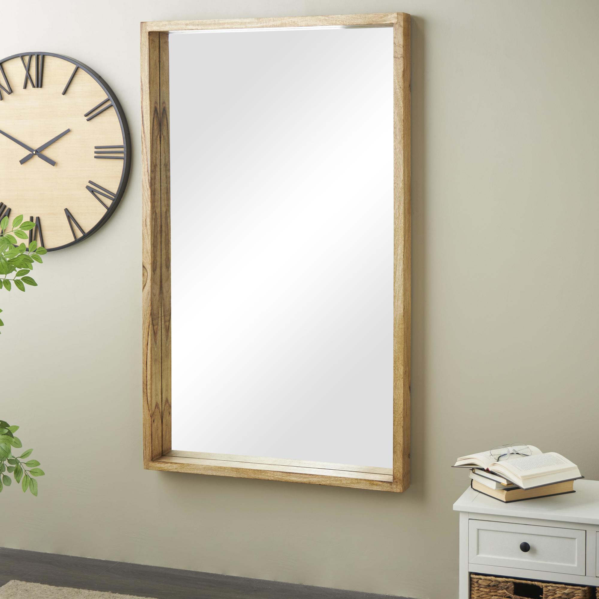 Brown Mango Wood Room Wall Mirror with Natural Wood Grain and Deep Set Frame