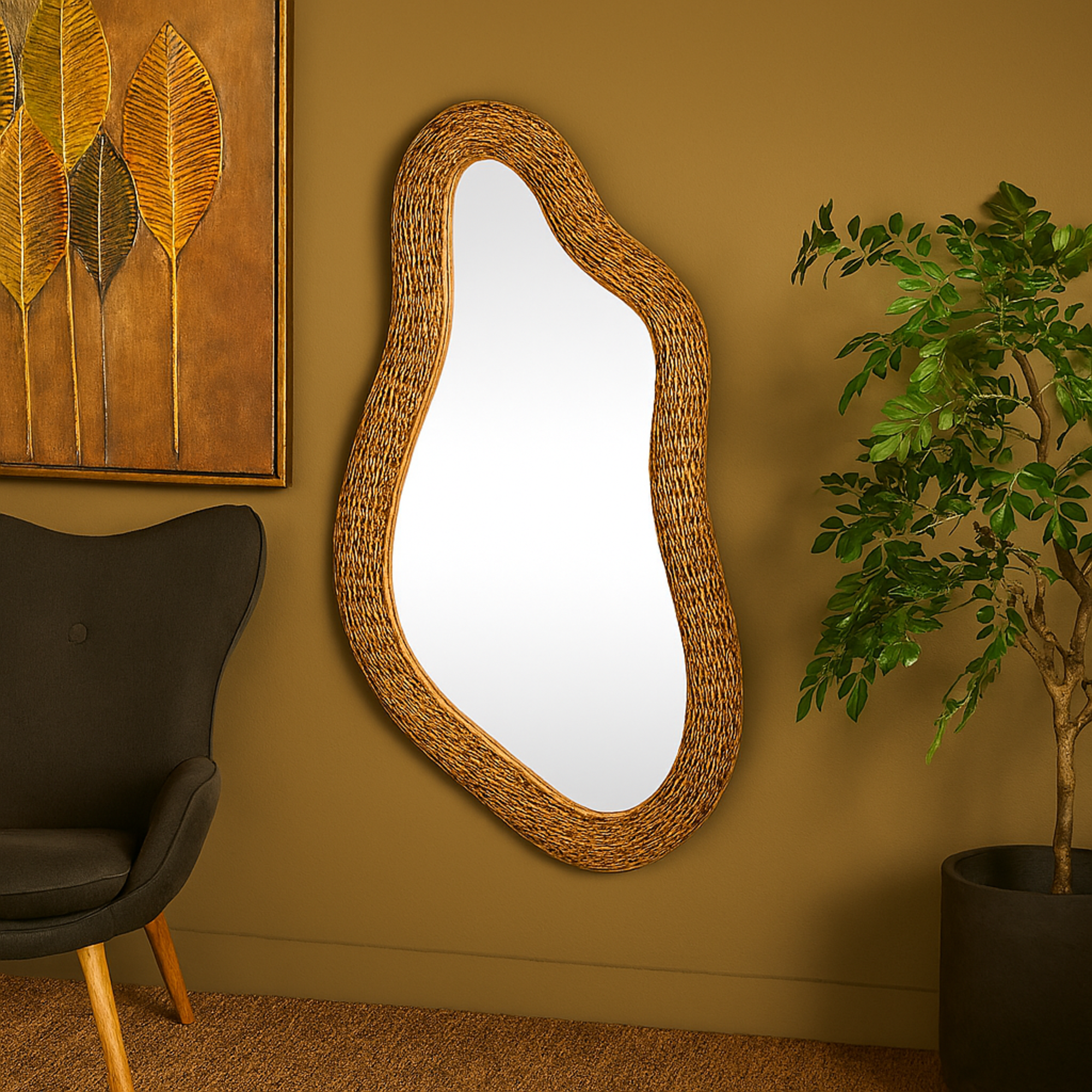 Abstract Brown Seagrass Handmade Woven Oval Room Wall Mirror
