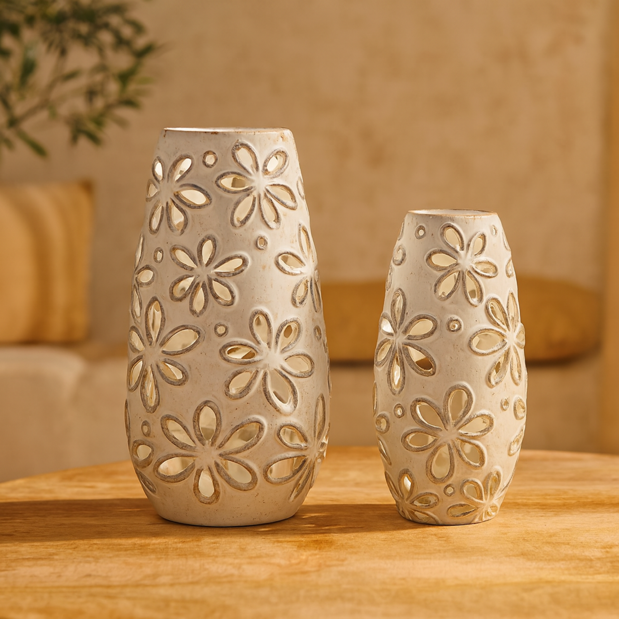 Set of 2 Floral White Ceramic Handmade Daisy Cut Out Decorative Vase