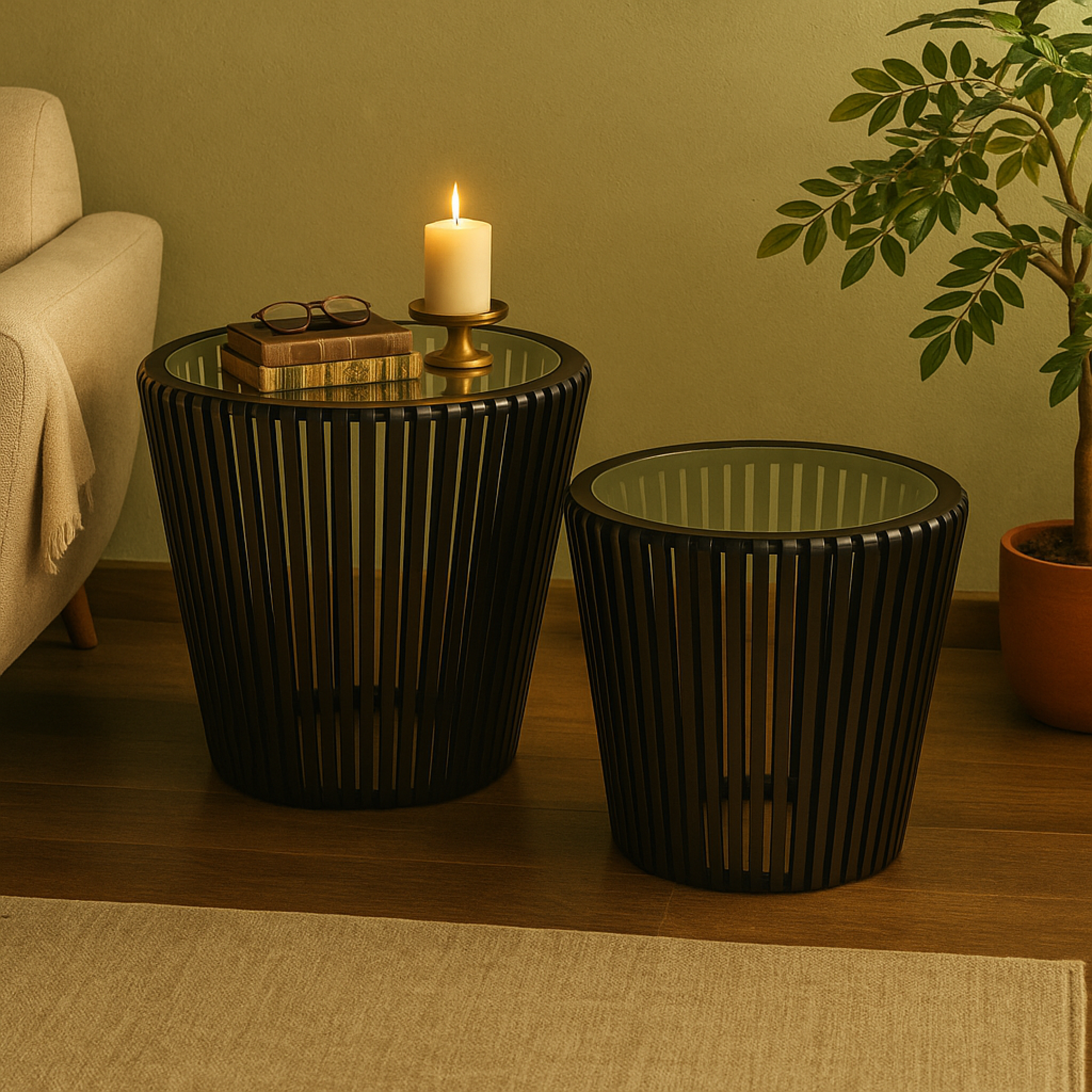 Set of 2 Black Wood Cage Inspired Side End Accent Table with Clear Glass Tabletop