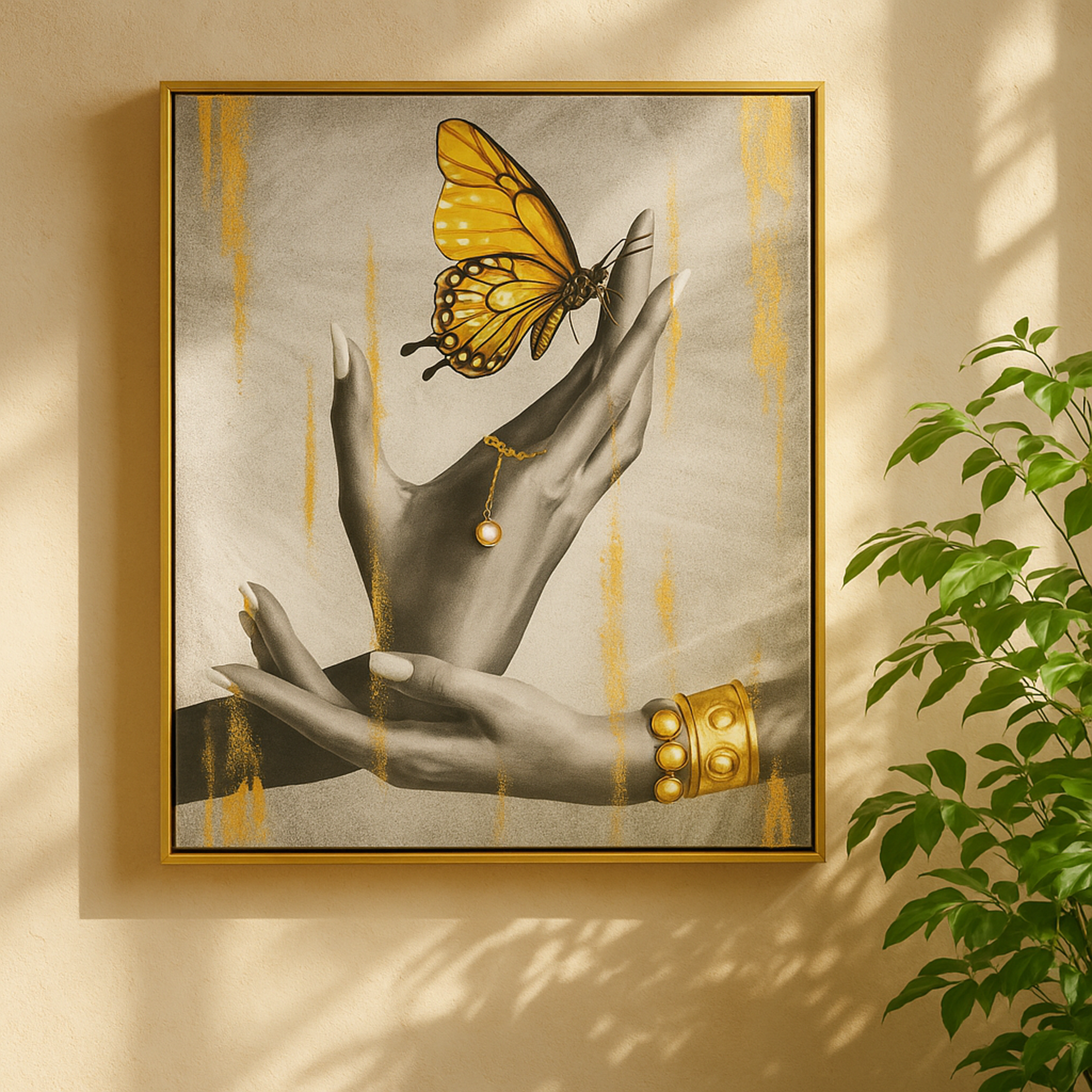 Butterfly Black Canvas Shaded Living Room Framed Wall Art with Jeweled Hands and Gold Foil Accents