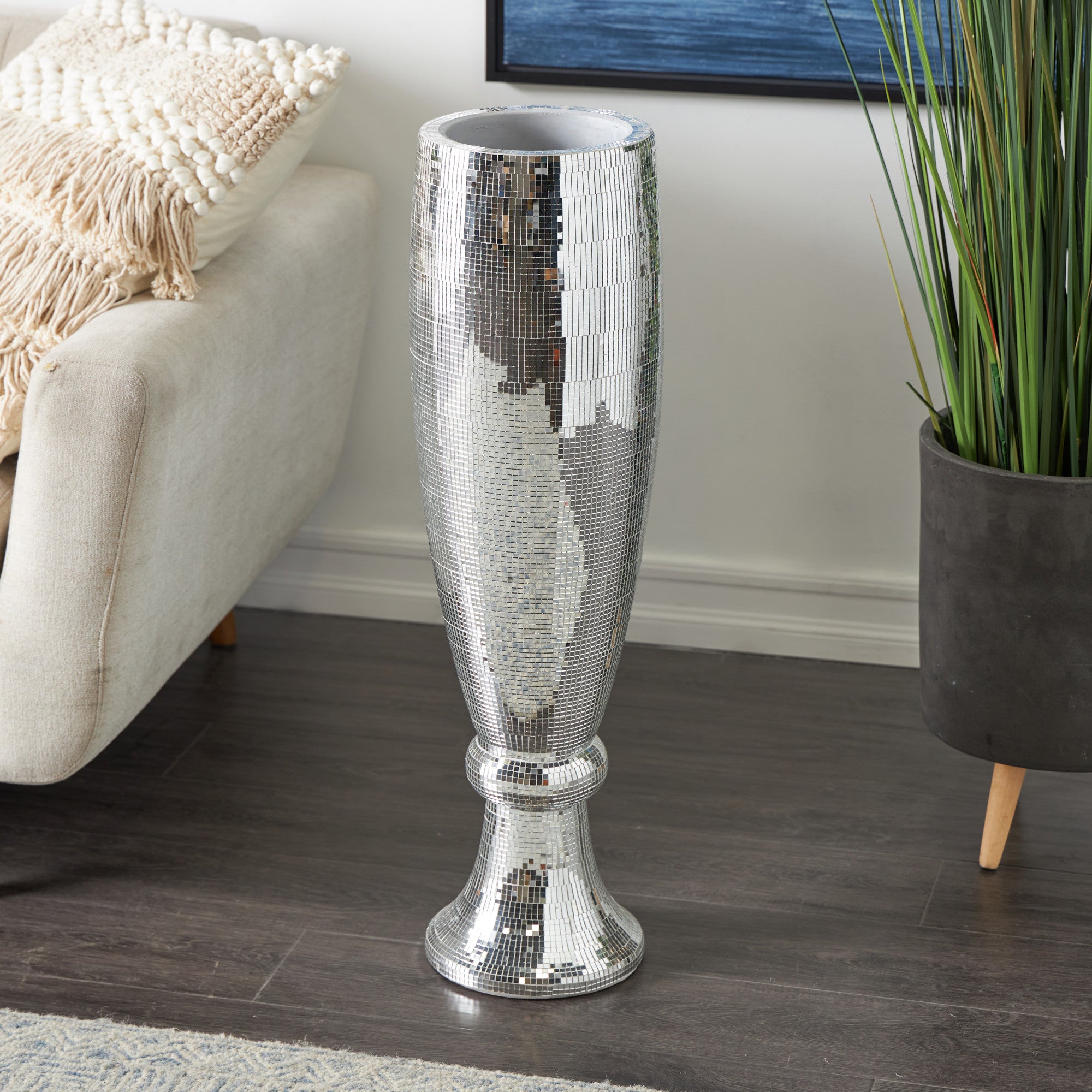 Silver Polystone Tall Champagne Flute Shape Decorative Vase with Mosaic Mirror Inlay