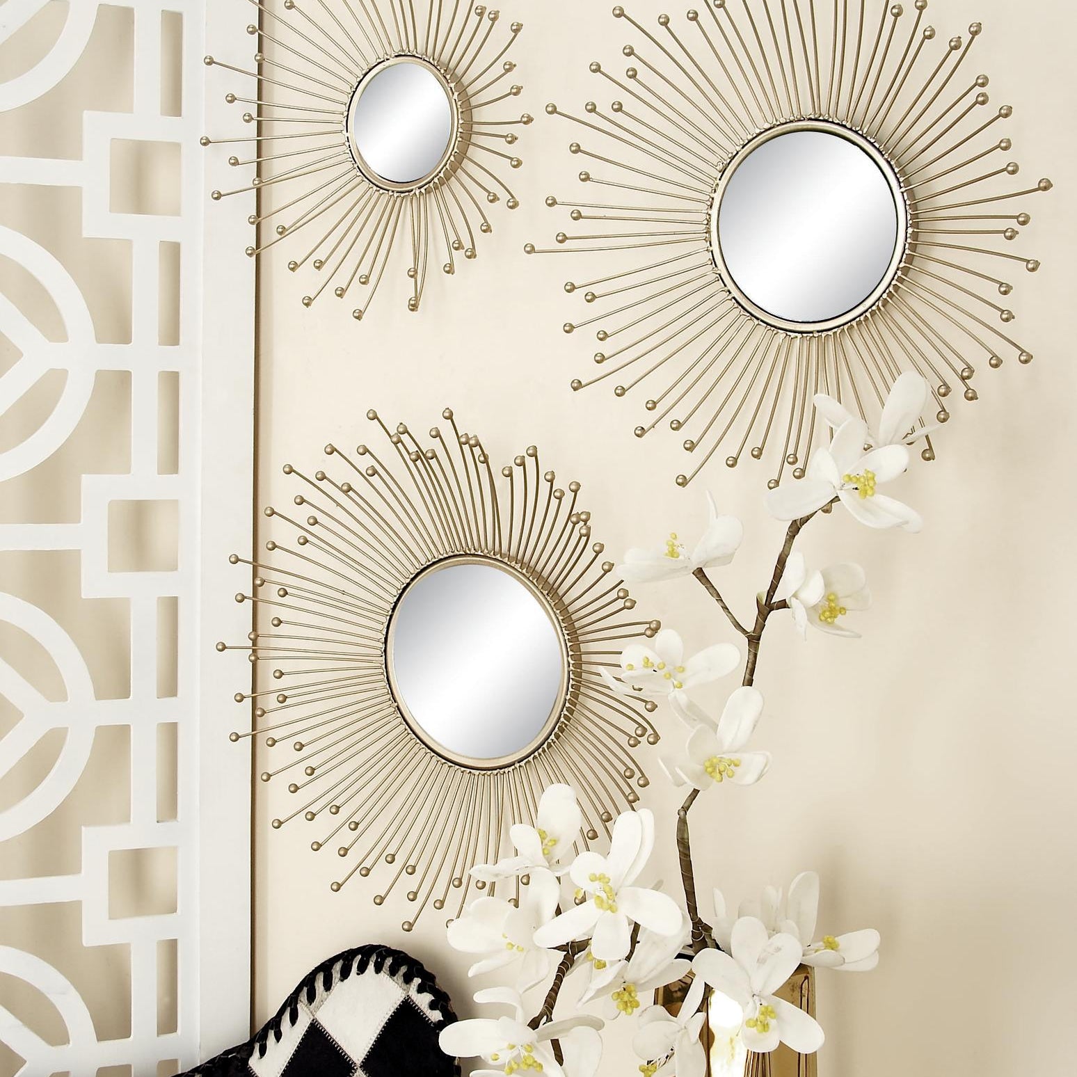 Set of 3 Starburst Gold Metal Room Wall Mirror