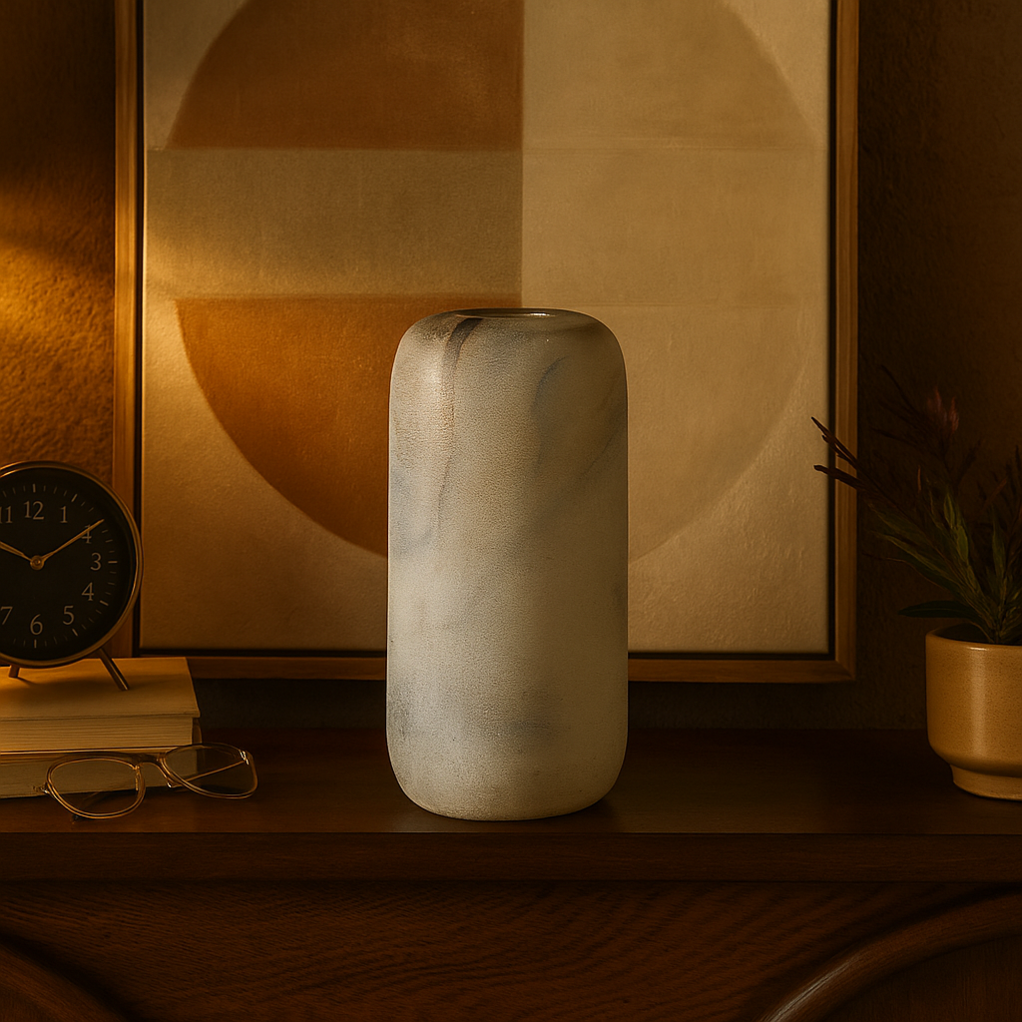 Cream Glass Distressed Decorative Vase with Blue and Tan Texturing