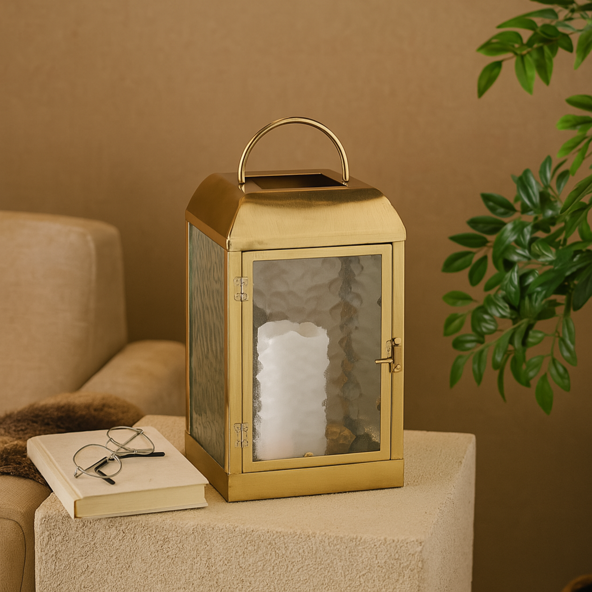Gold Metal Indoor Outdoor Candle Lantern with Pebbled Glass