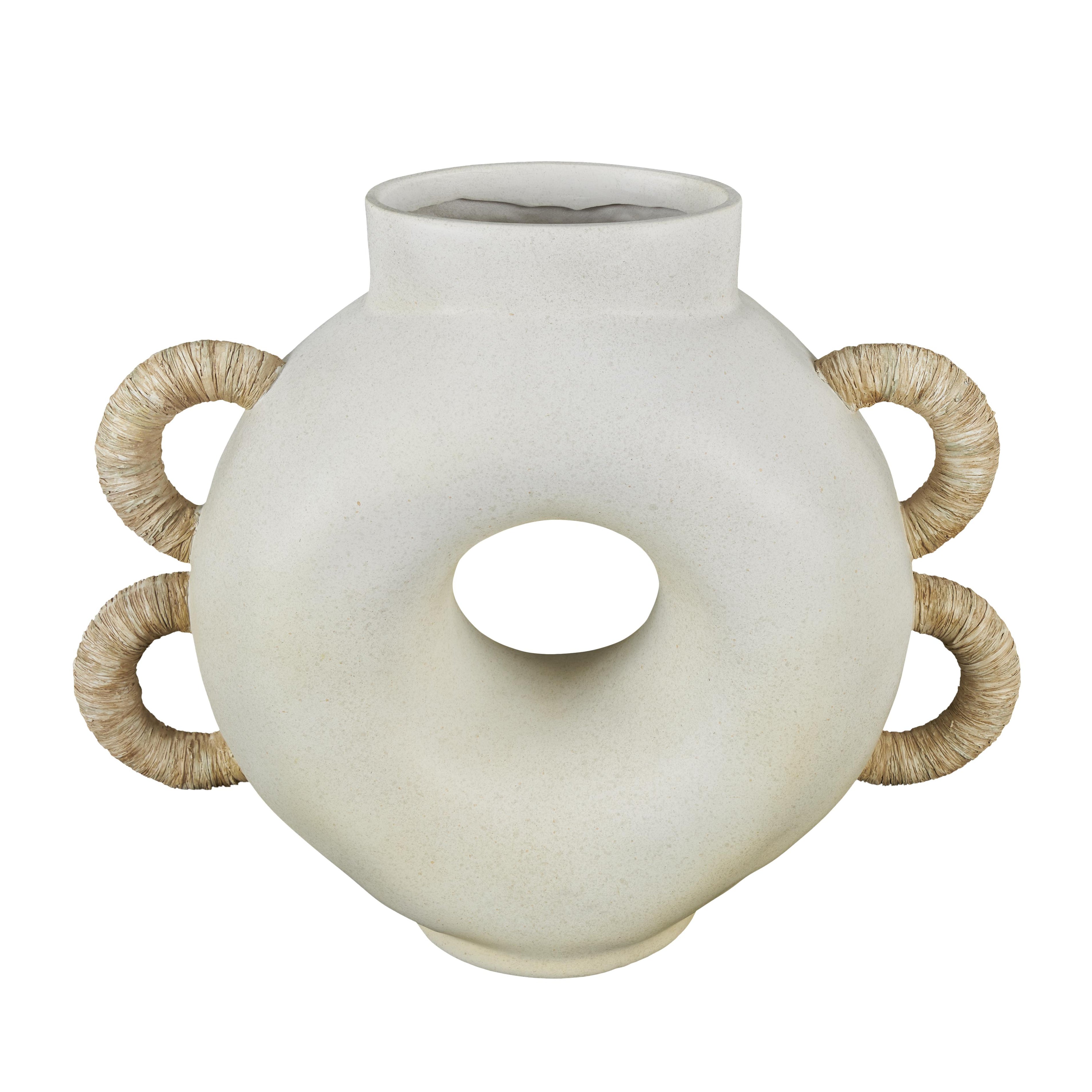 Geometric Cream Resin Round Speckled Decorative Vase with Woven Inspired Arched Handles and Cutout Opening