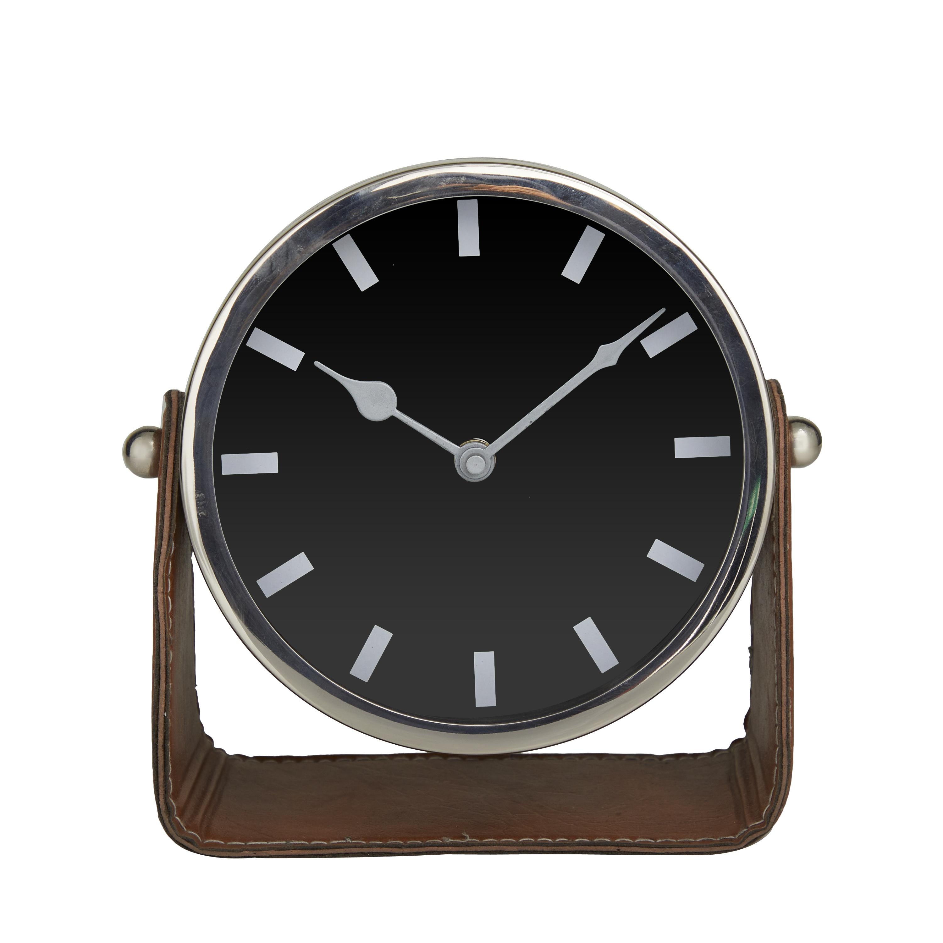 Stainless Steel Metal Decorative Clock with Leather Stand 7" x 3" x 7"