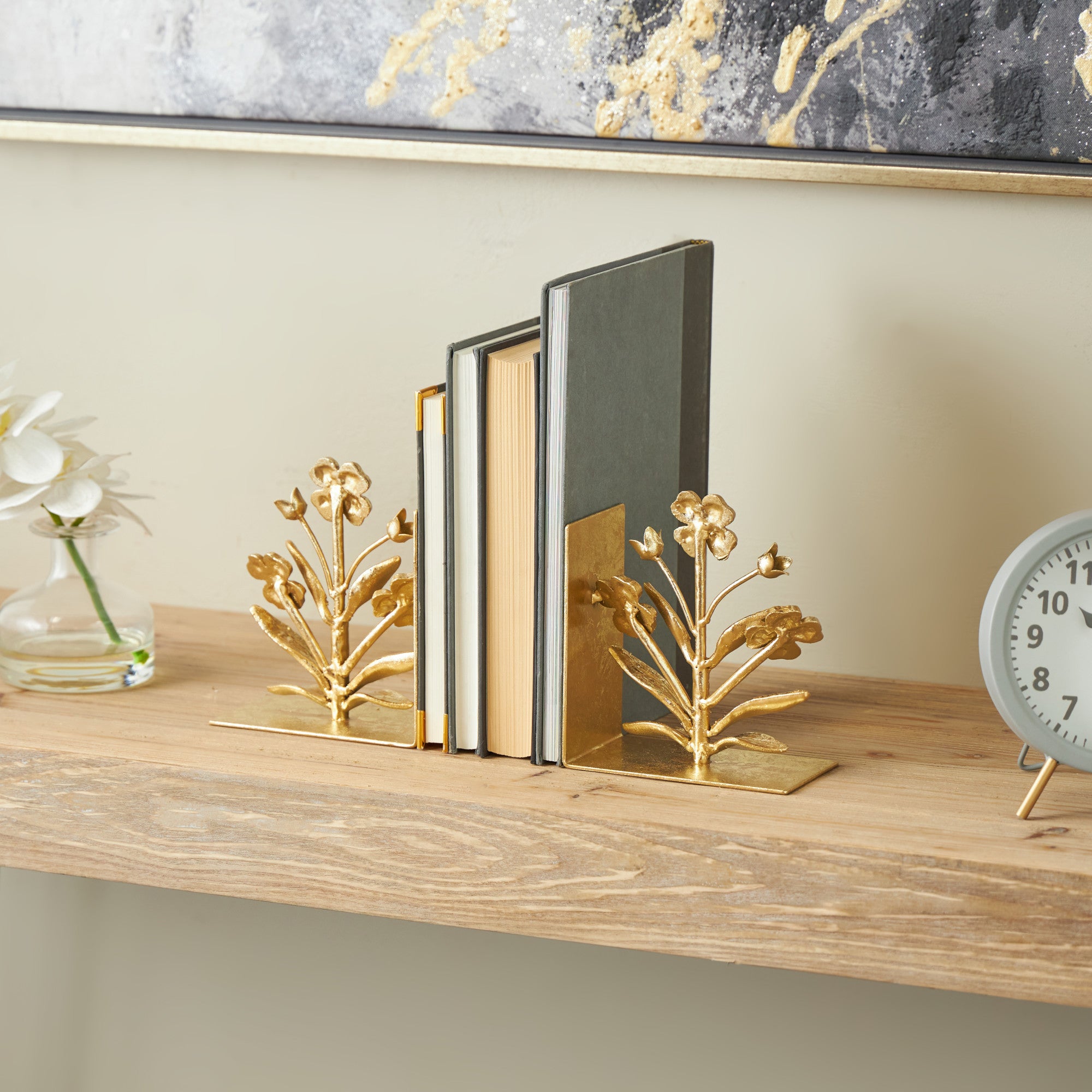 Set of 2 Floral Gold Metal Decorative Bookends with Shimmer Details
