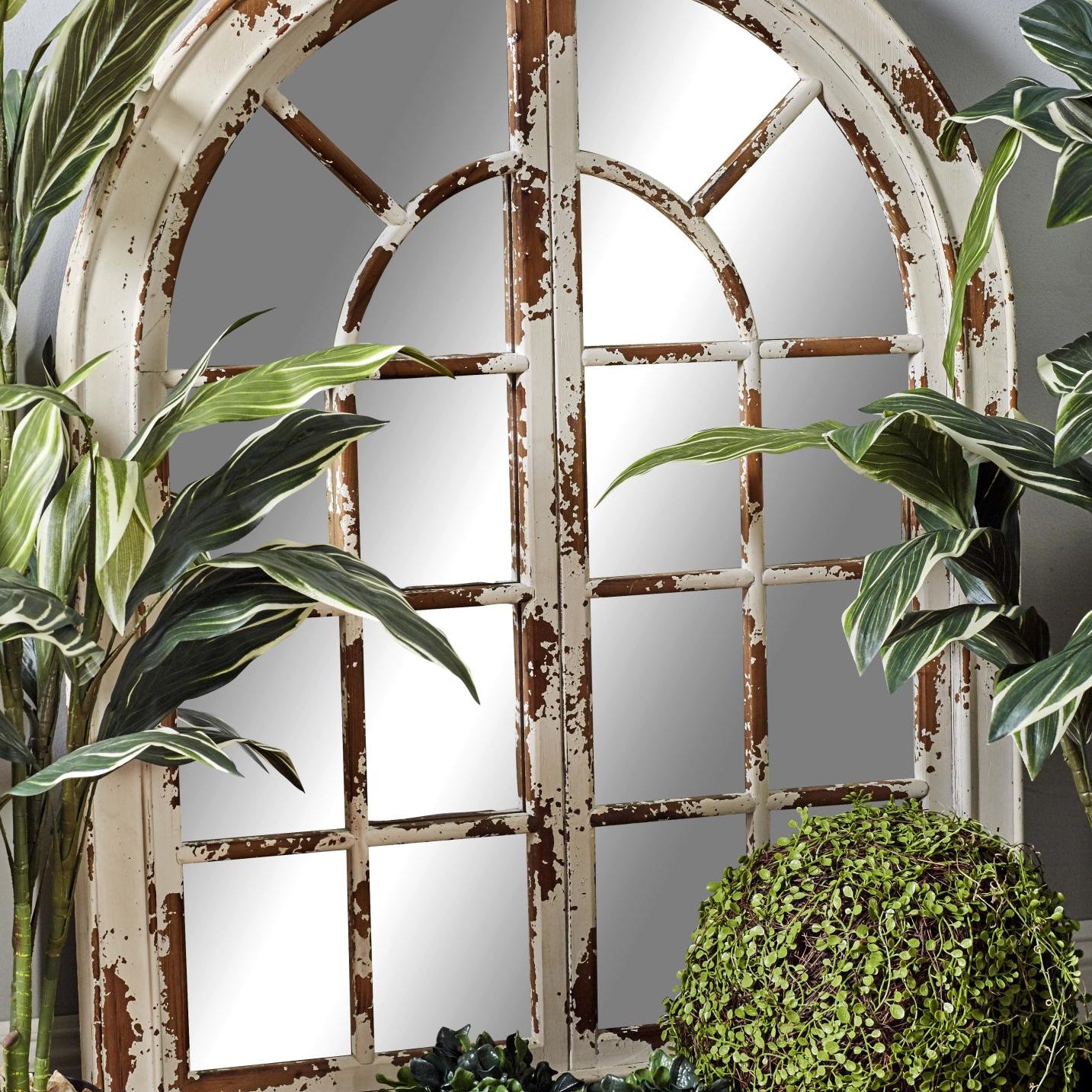 Wood Window Pane Inspired Room Wall Mirror with Arched Top and Distressing
