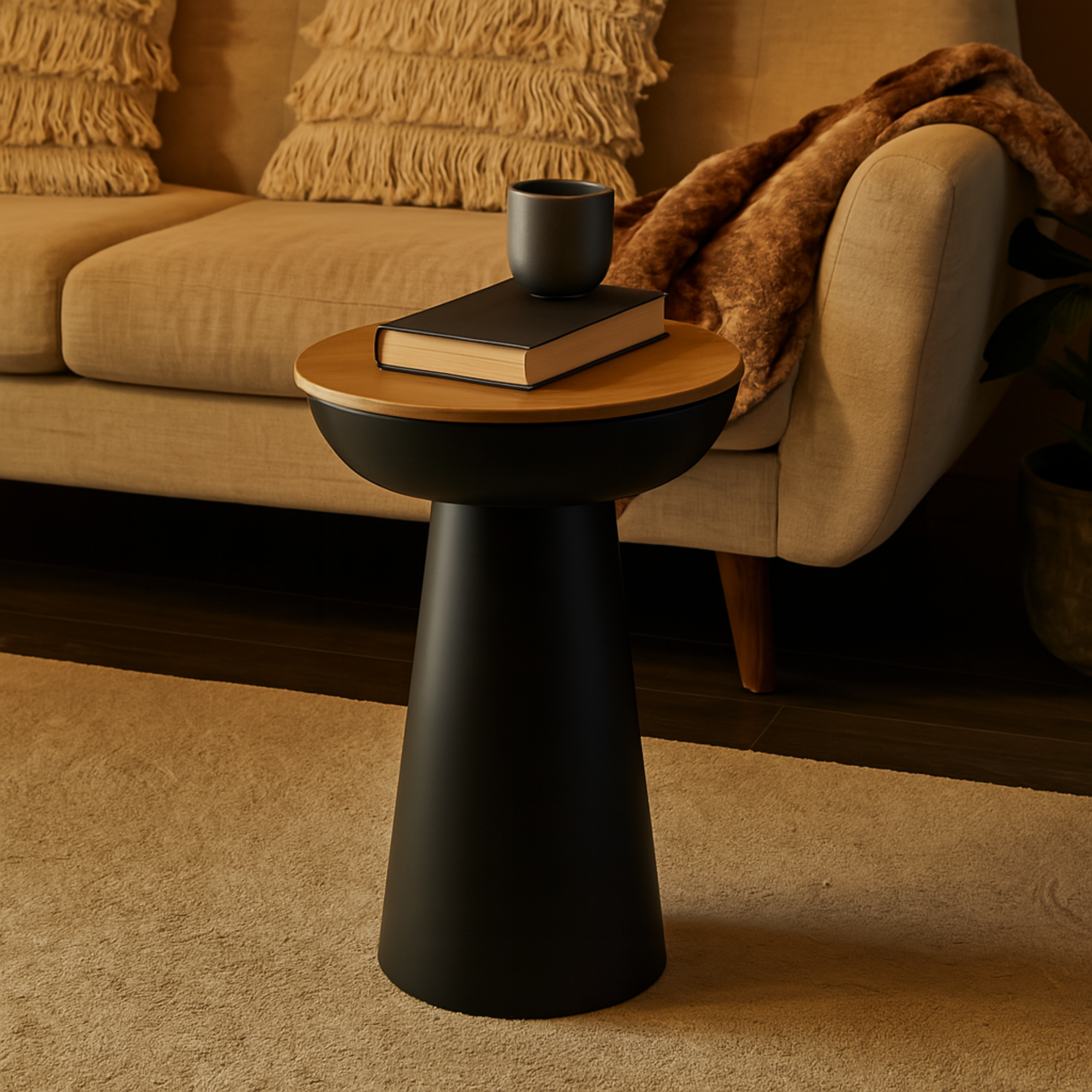 Black Metal Handmade Pedestal Side End Accent Table with Brown Wood Tabletop