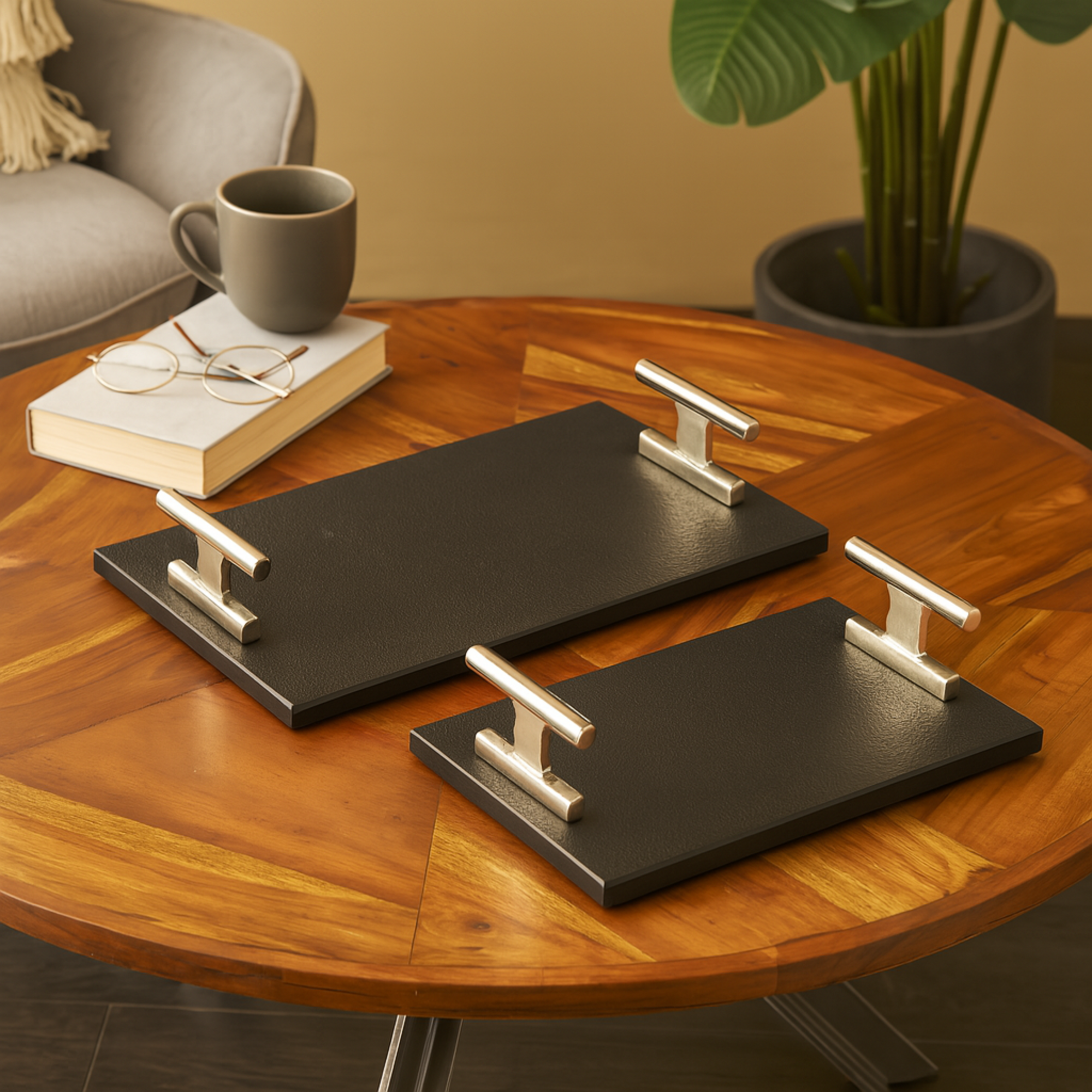 Set of 2 Marble Slim Textured Living Room Decor Tray with Rod Handles Set of 2 22", 18"W
