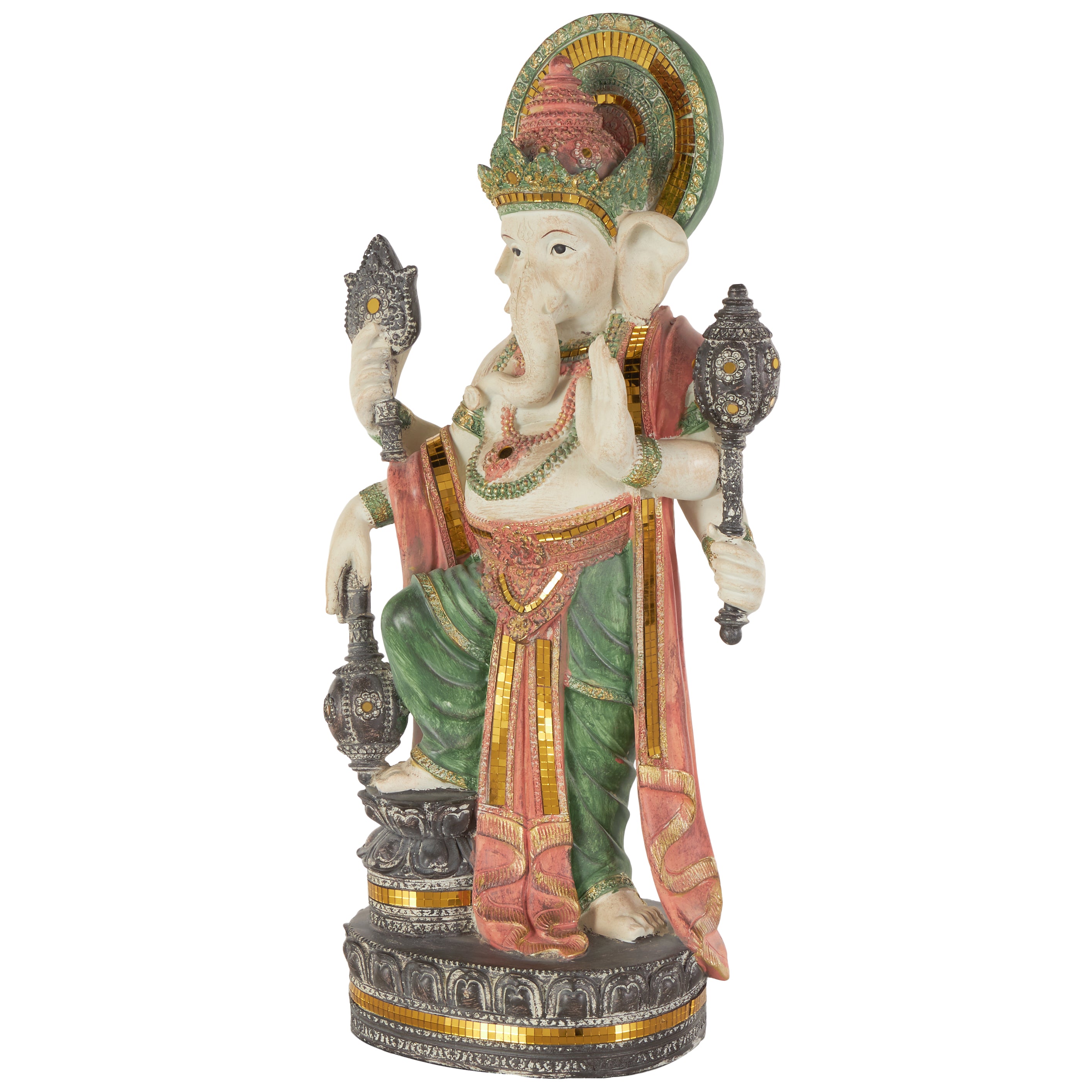 Ganesh Gold Resin Decorative Sculpture with Green, Blue, and Red Accents