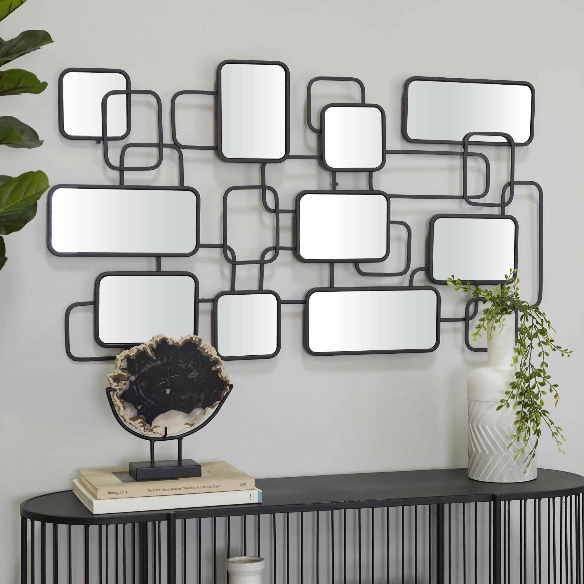 CosmoLiving by Cosmopolitan Geometric Black Metal Overlapping Rectangle Room Wall Mirror with Wire Rod Outlines