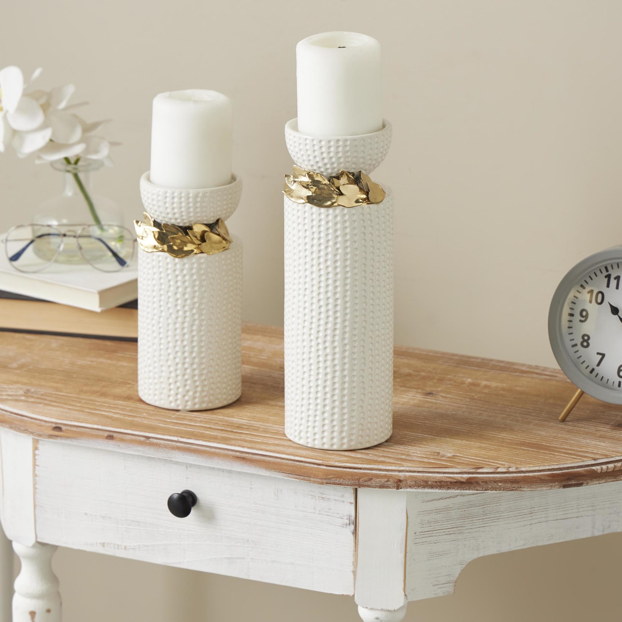 Set of 2 Leaf White Ceramic Decorative Candle Holder with Abstract Spotted Pattern and Gold Accents