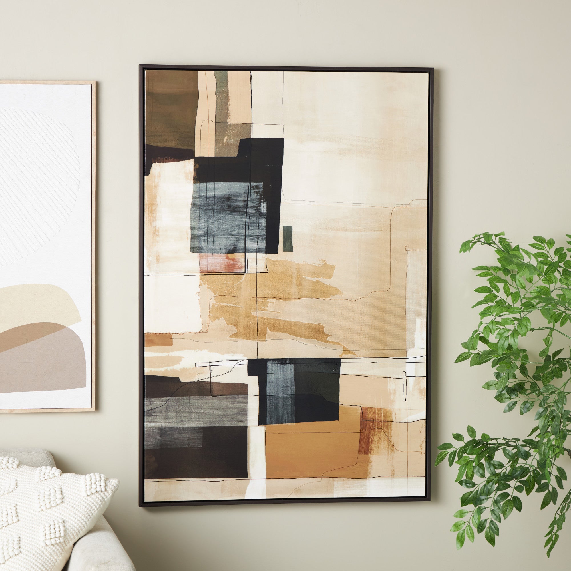 Geometric Beige Canvas Living Room Framed Wall Art with Black and Brown Accents