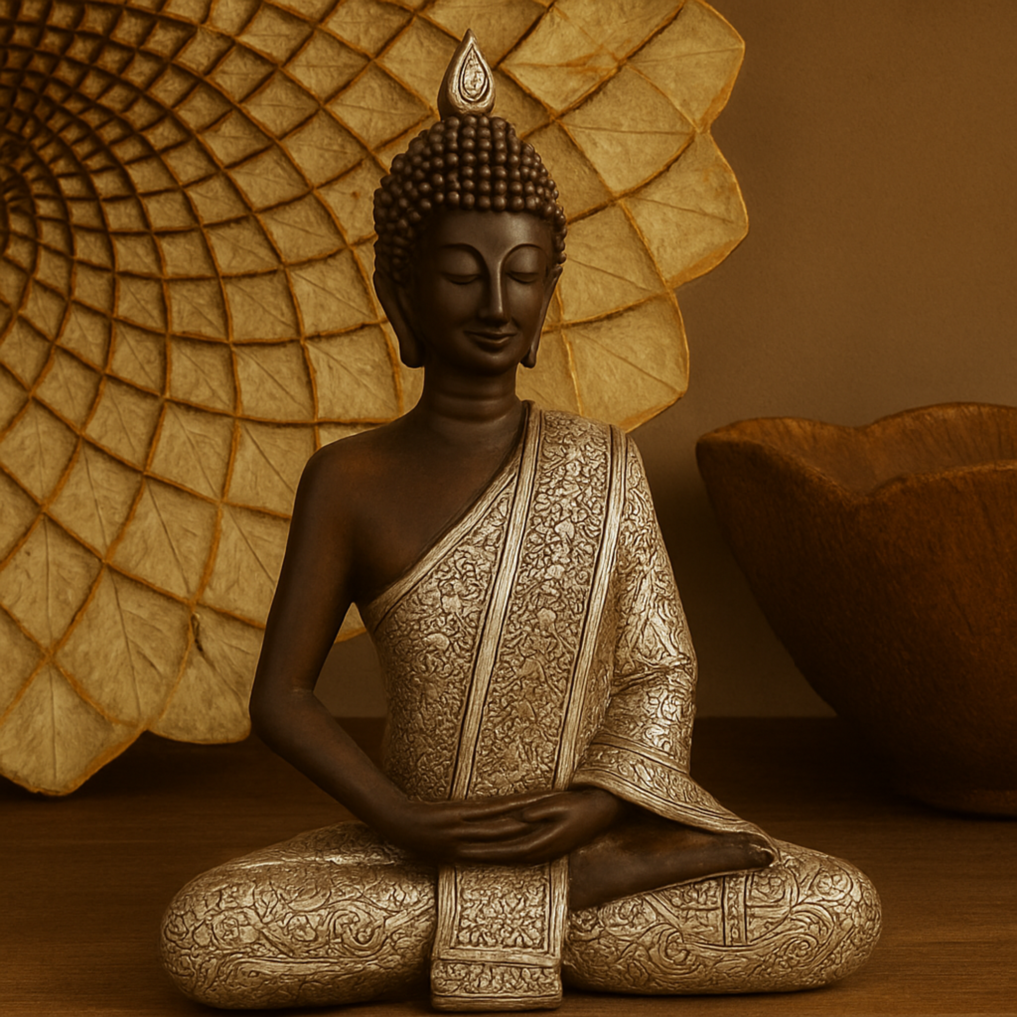 Buddha Silver Polystone Meditating Decorative Sculpture with Engraved Carvings and Relief Detailing
