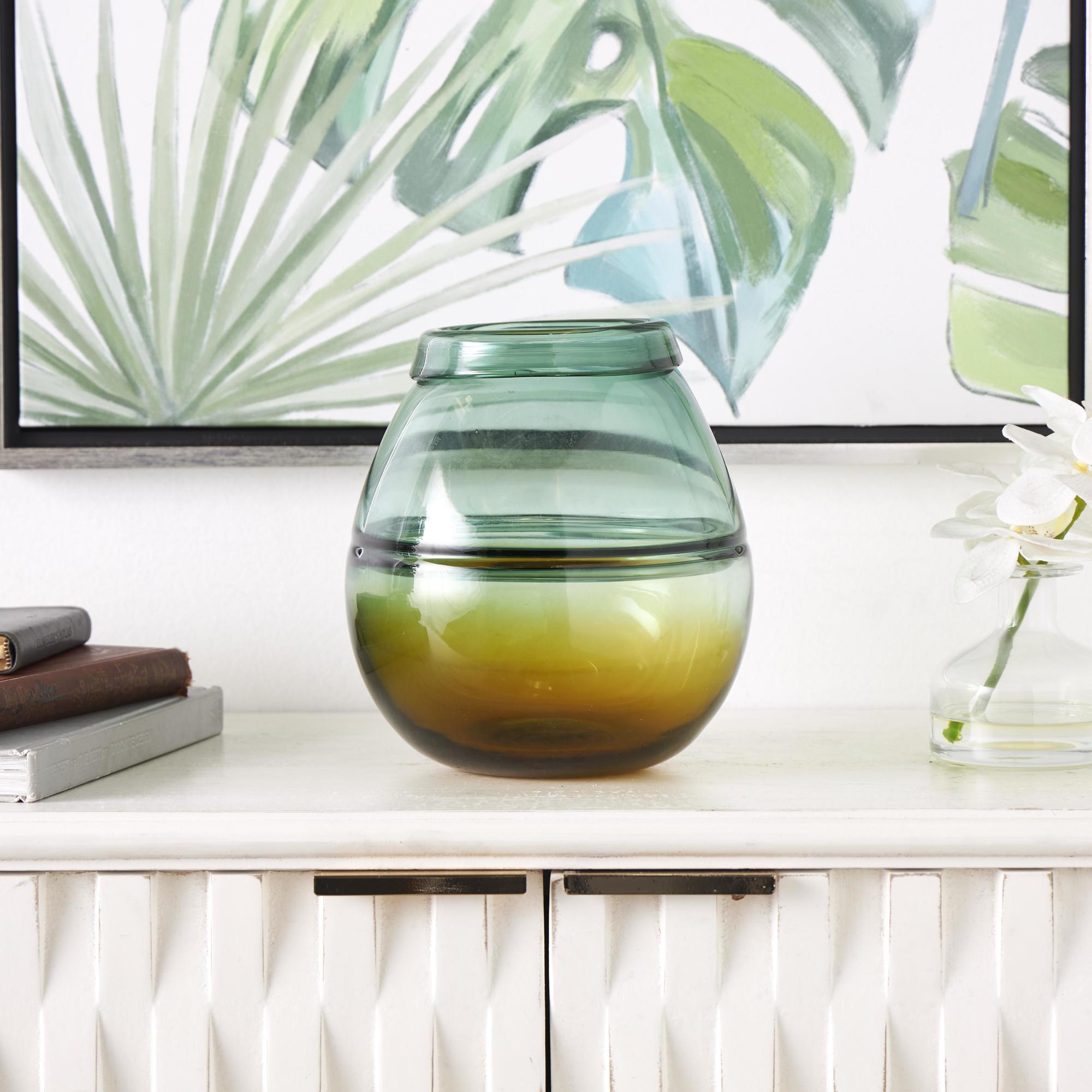 Green Glass Handmade Ombre Decorative Vase with Yellow Base