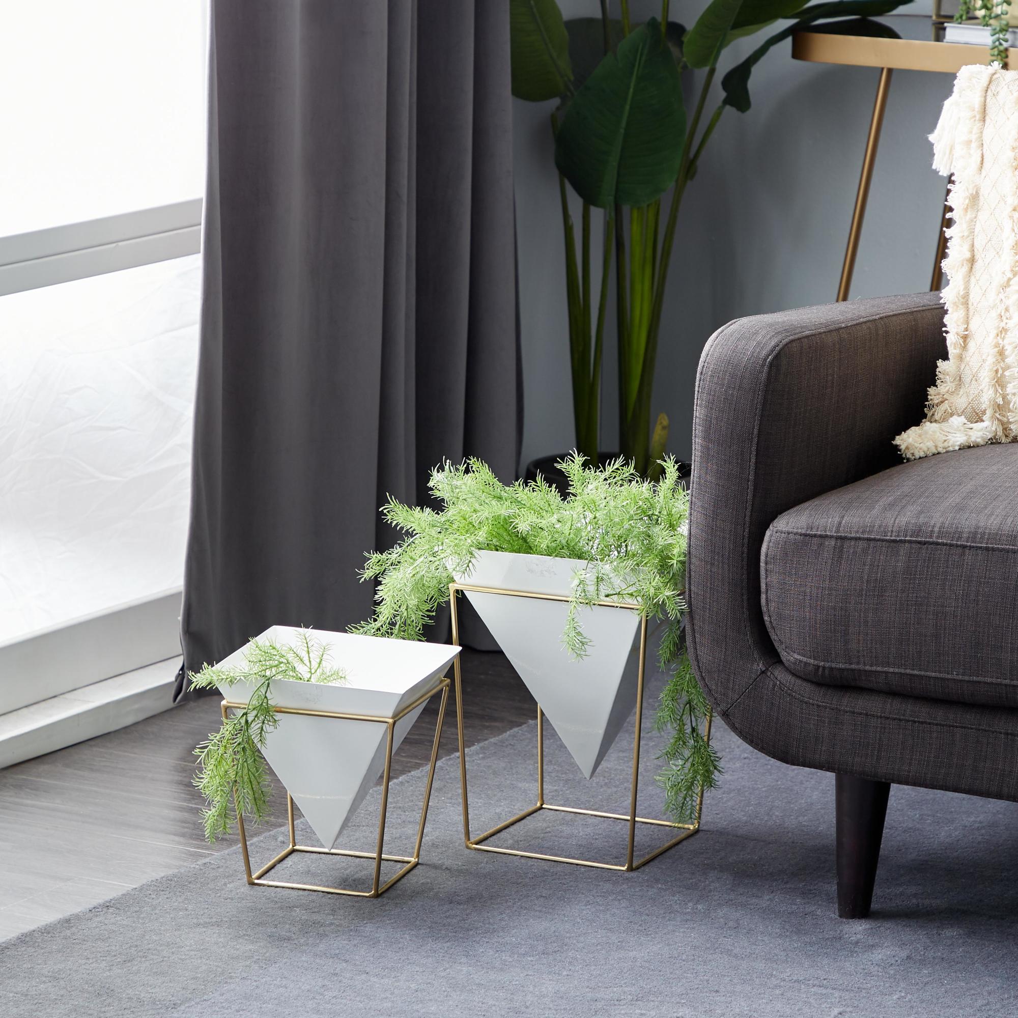 CosmoLiving by Cosmopolitan Set of 2 White Metal Dome Indoor Outdoor Planter with Gold X-Shaped Stands