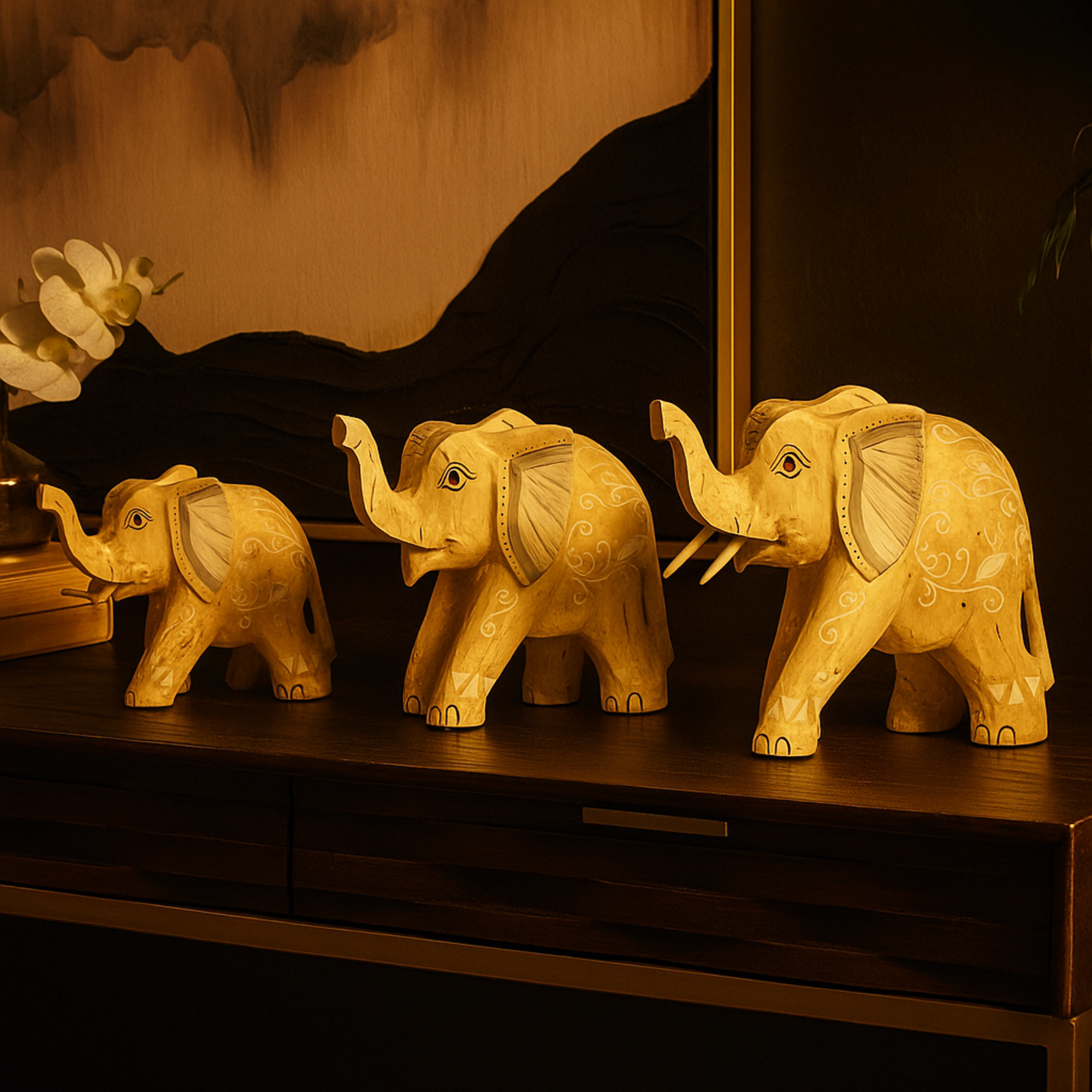Set of 3 Elephant Light Brown Wood Handmade Decorative Sculpture with Scroll and Floral Patterns