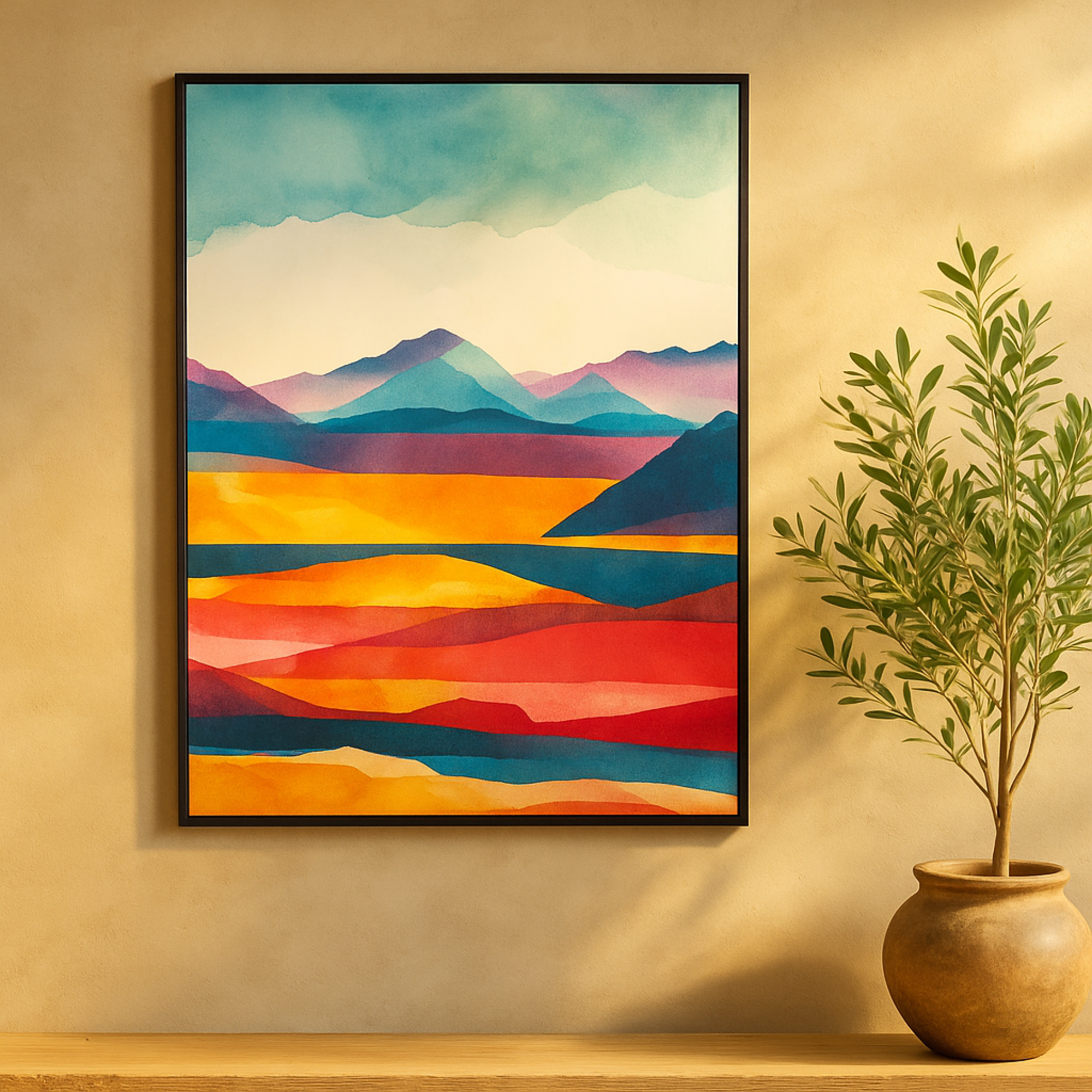 Abstract Multi Colored Canvas Mountains and Lake View Living Room Framed Wall Art with Black Frame