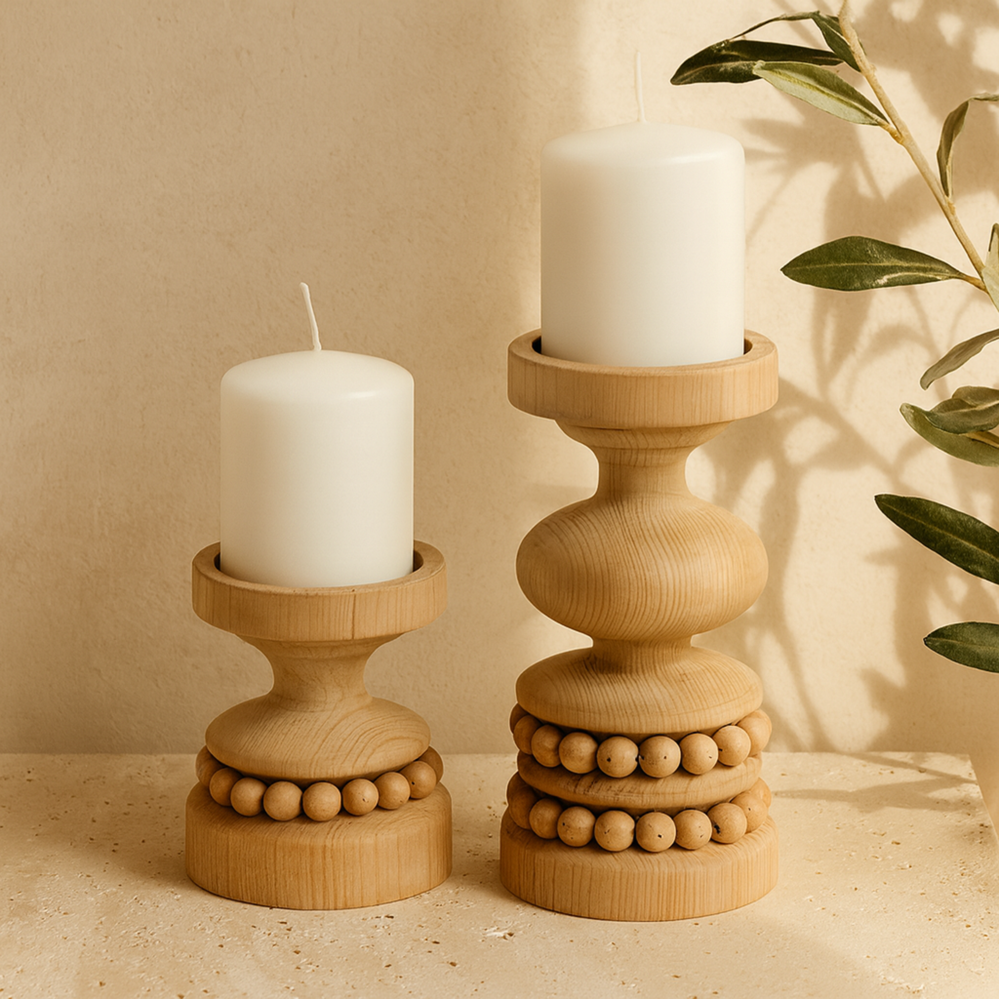 Set of 2 Wood Beaded Pillar Decorative Candle Holder