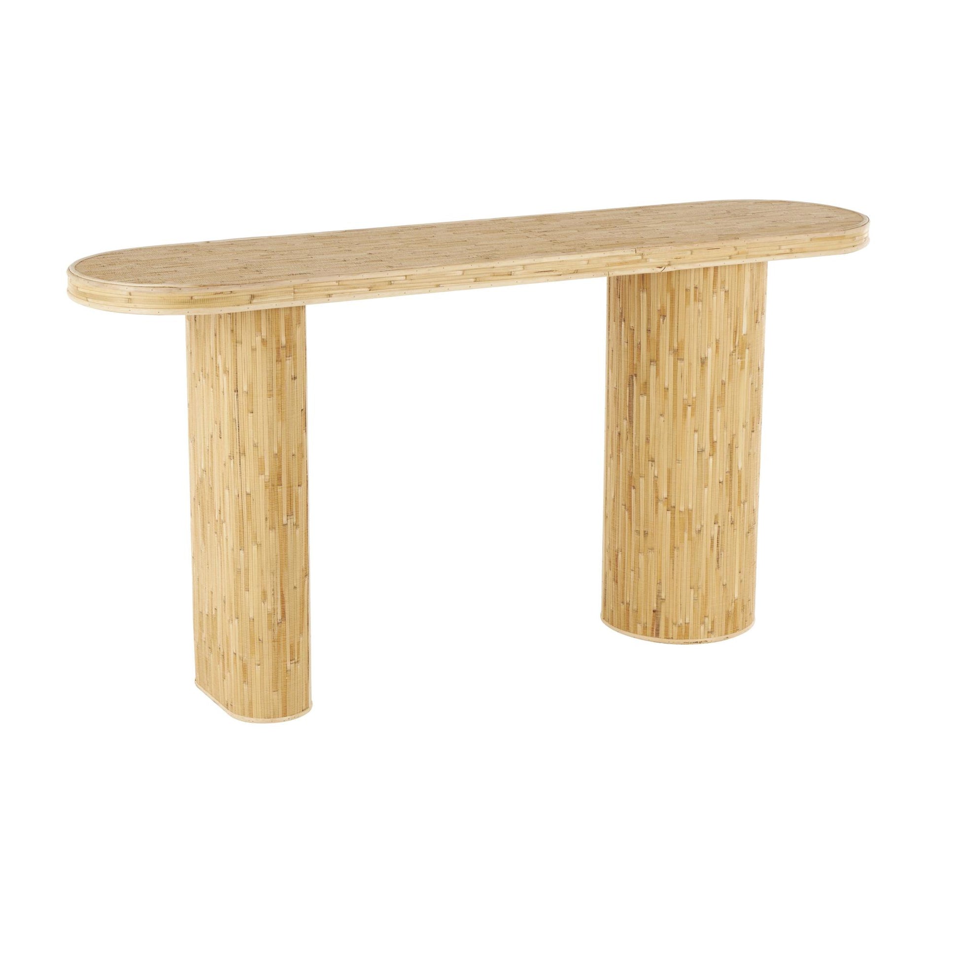 Brown Rattan Handmade Textured Oval Living Room Console Table with Linear Wood Strip Design