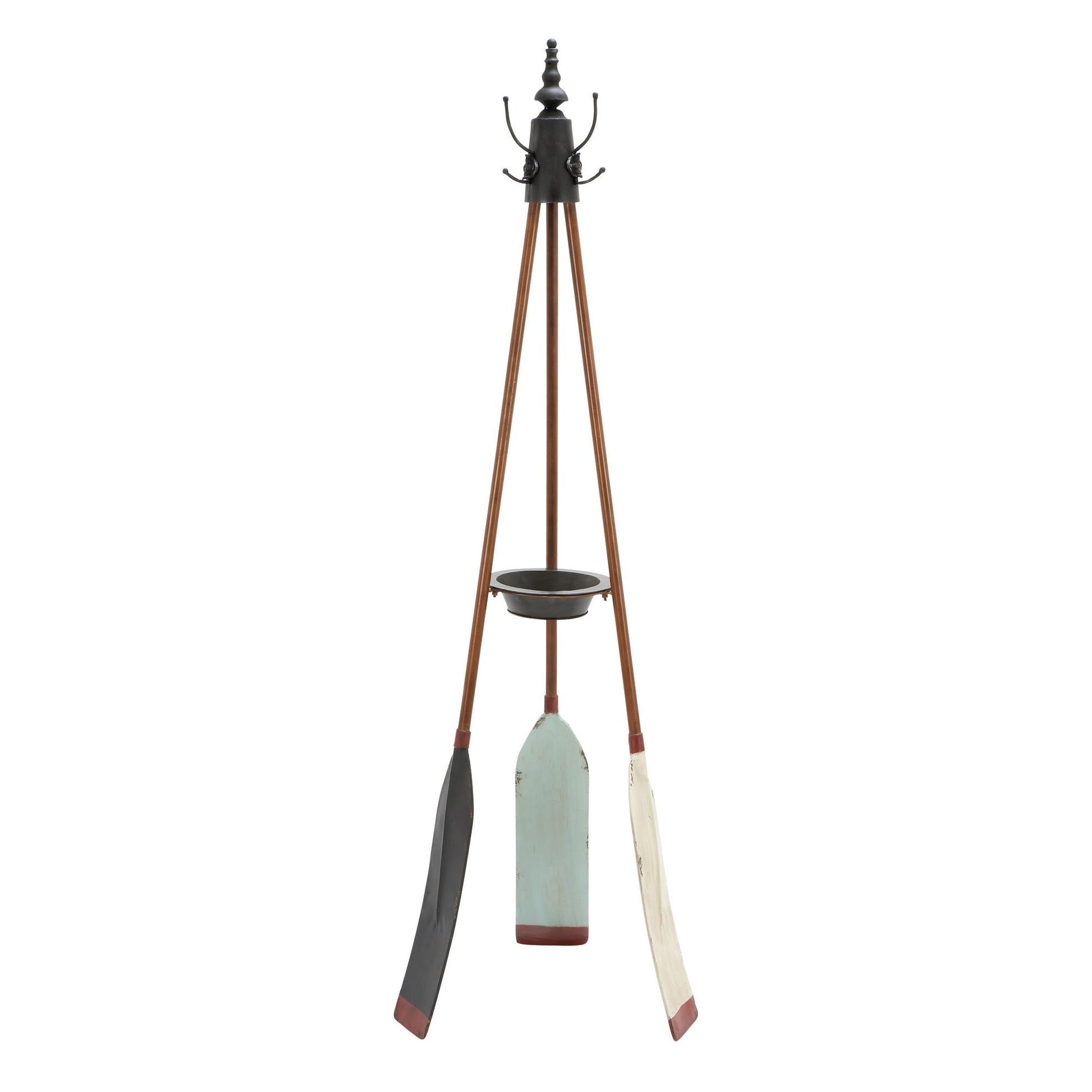 Paddle Blue Metal Oar 3 Hook Freestanding Coat Rack with Wooden Poles and Storage Tray