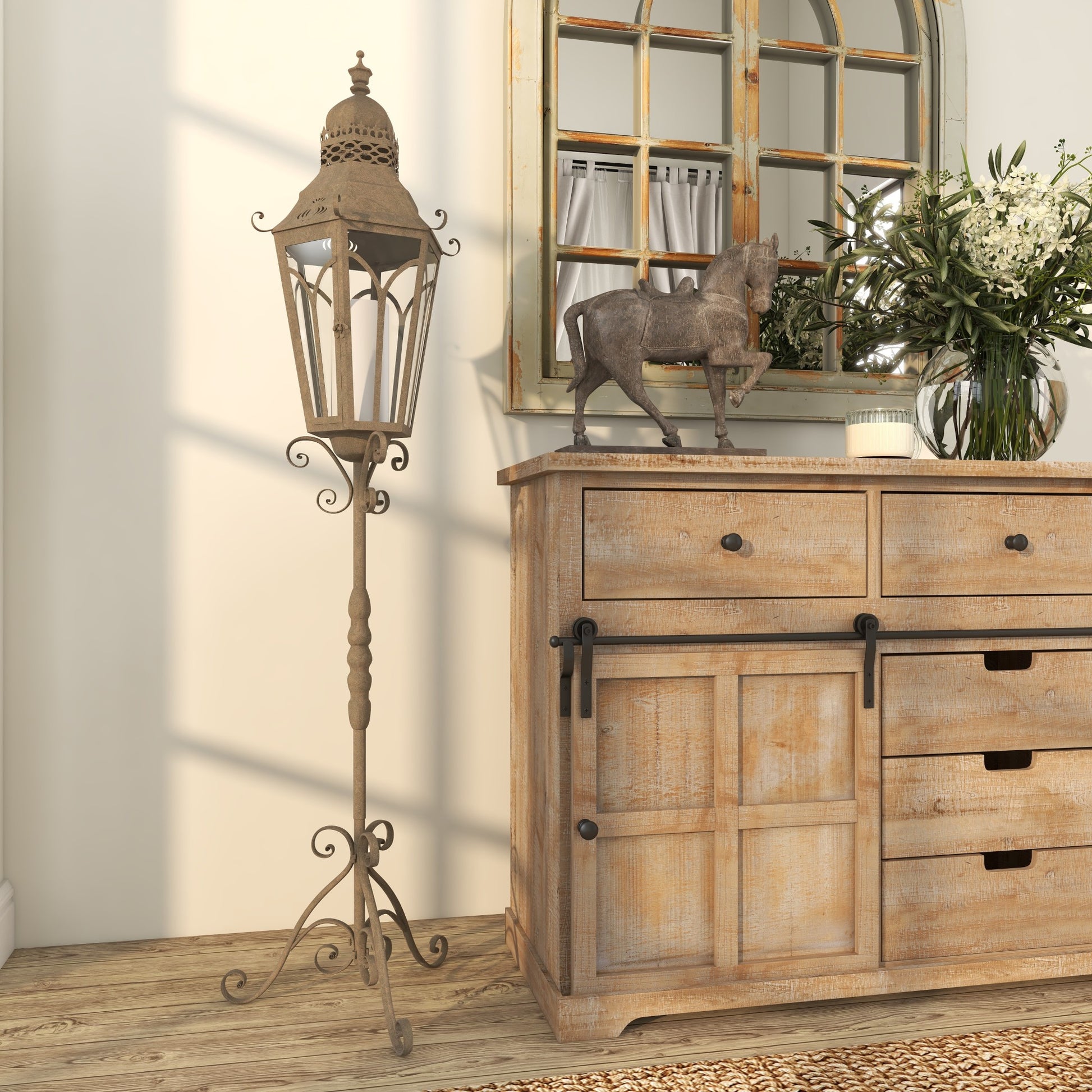 Scroll Brown Metal Weathered Antique Tall Standing Floor Indoor Outdoor Candle Lantern