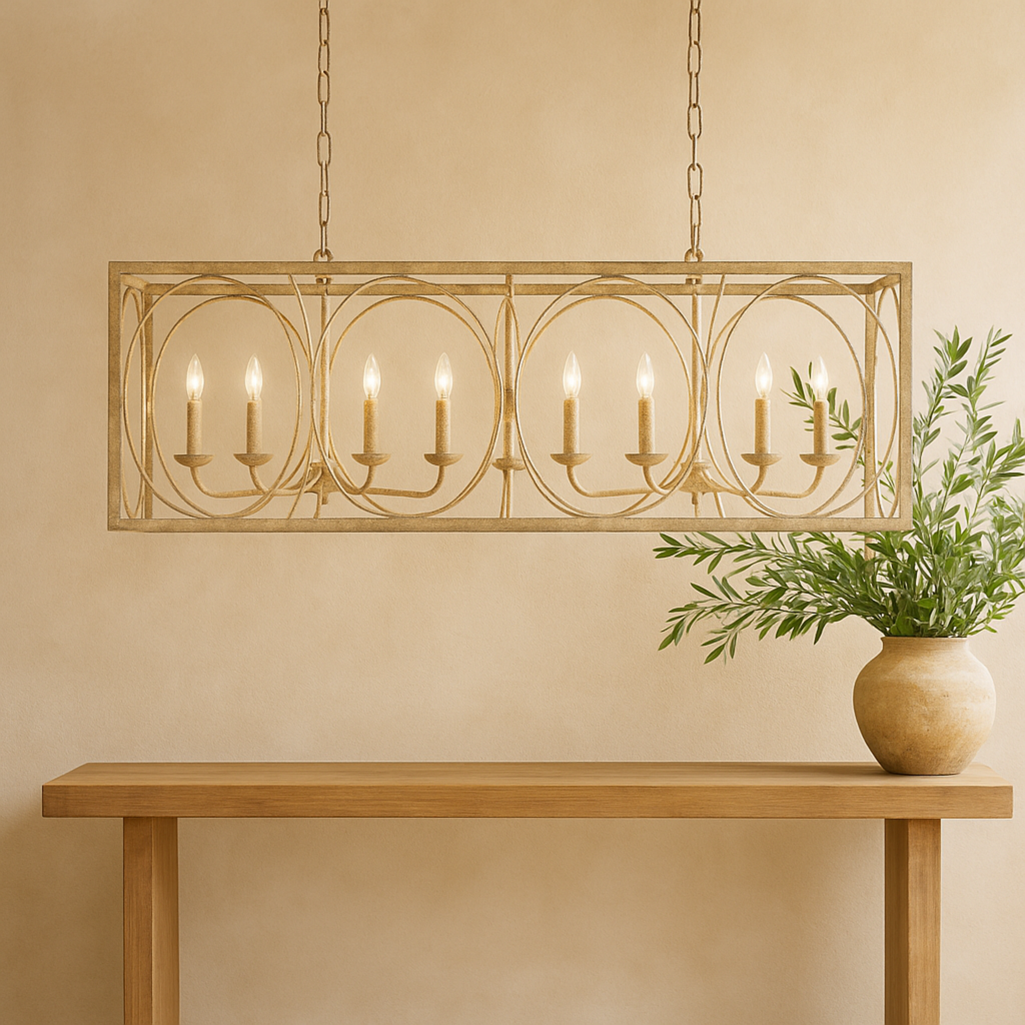 Gold Metal Distressed Caged 8 Light Room Chandelier with Link Style Chain