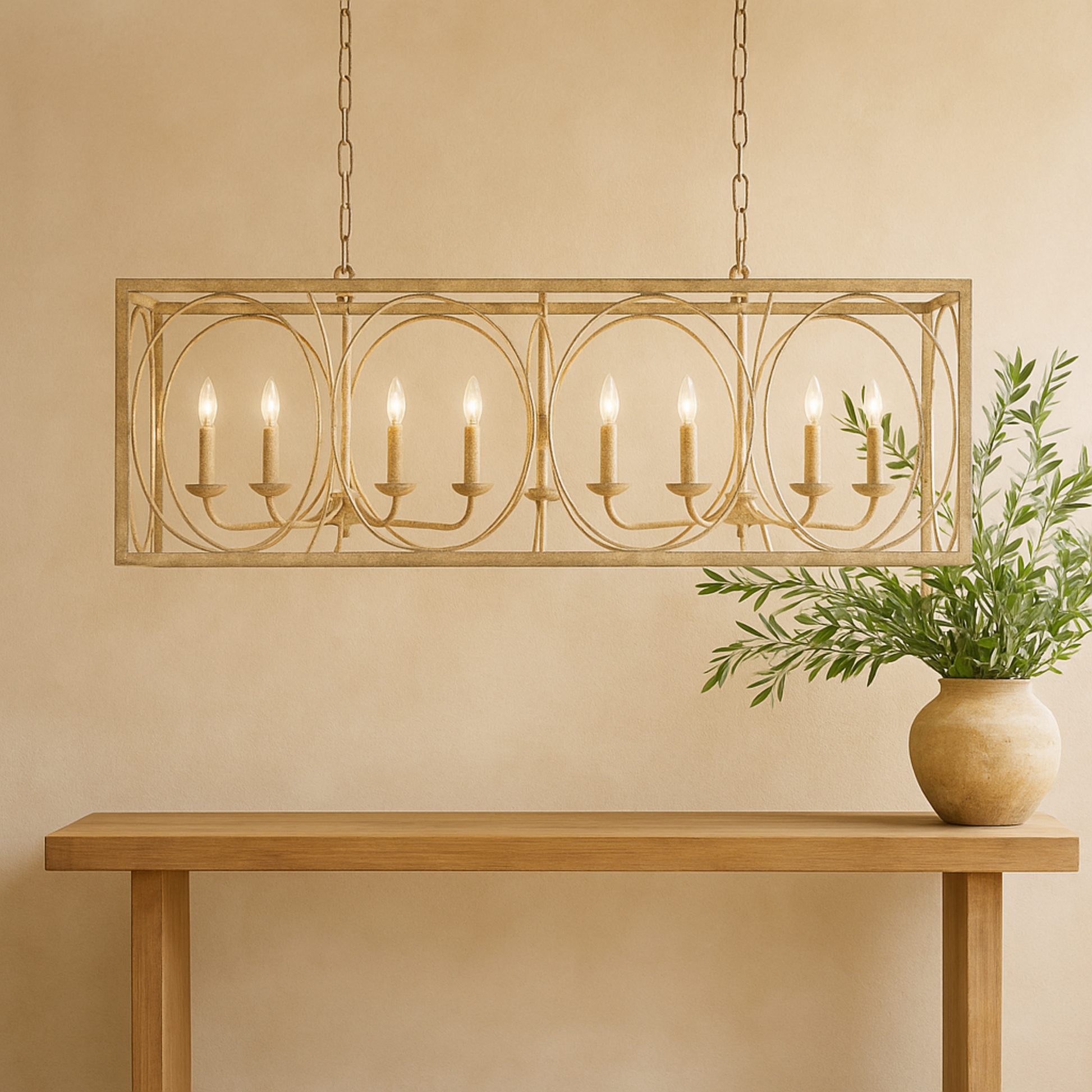 Gold Metal Distressed Caged 8 Light Room Chandelier with Link Style Chain