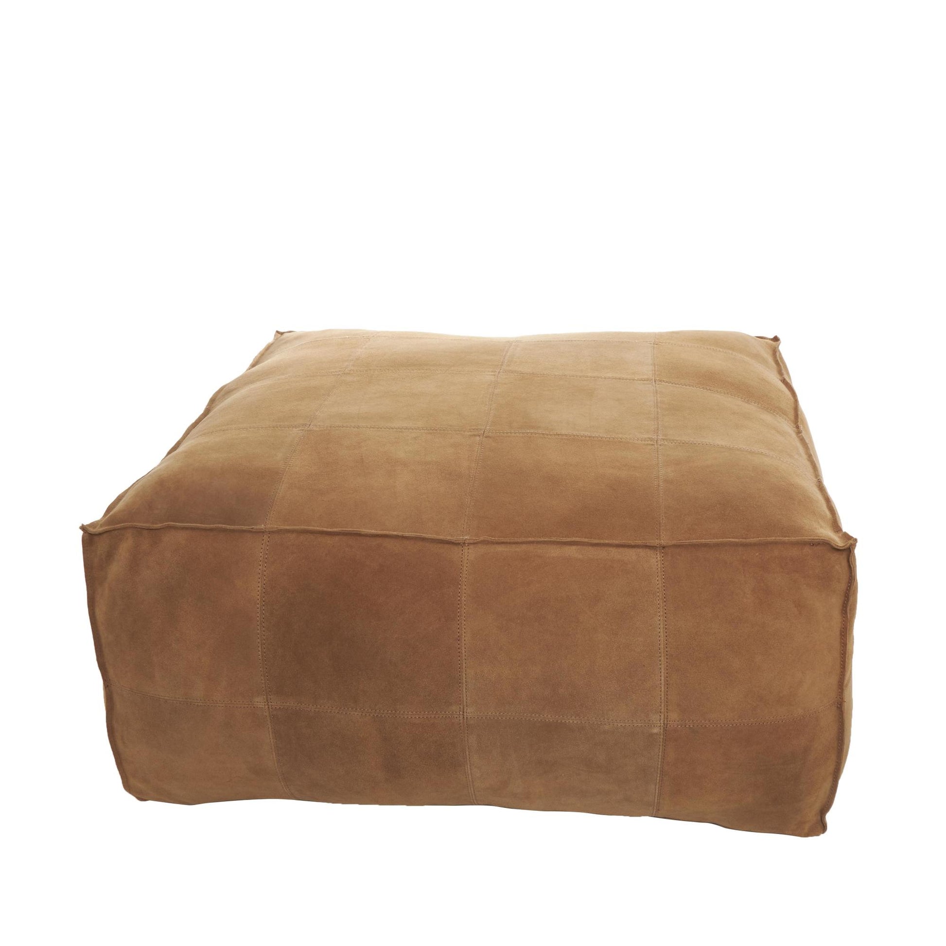 Leather Low Profile Square Stuffed Pouf with Patchwork Design