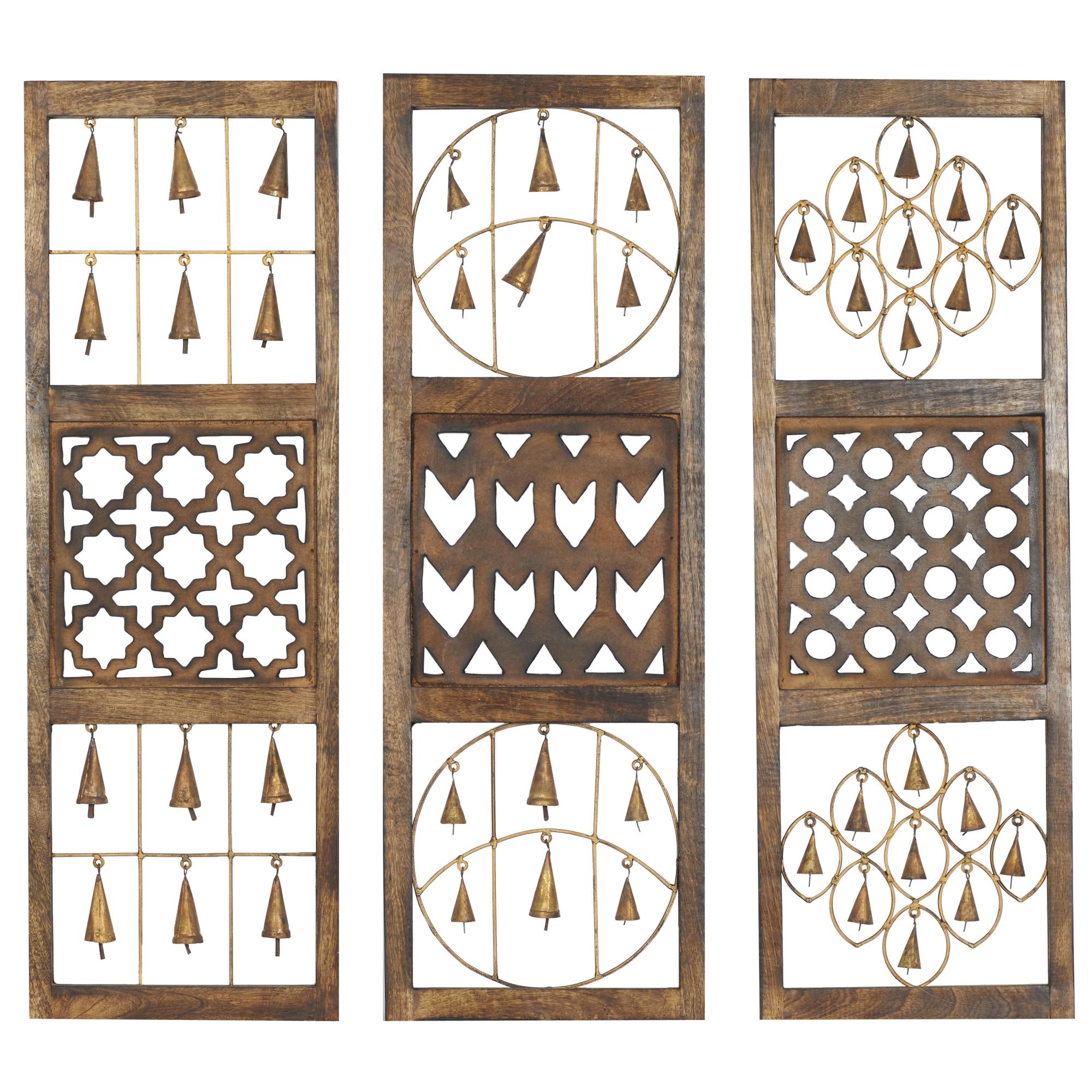 Set of 3 Bell Brown Metal Intricately Carved Home Wall Decor