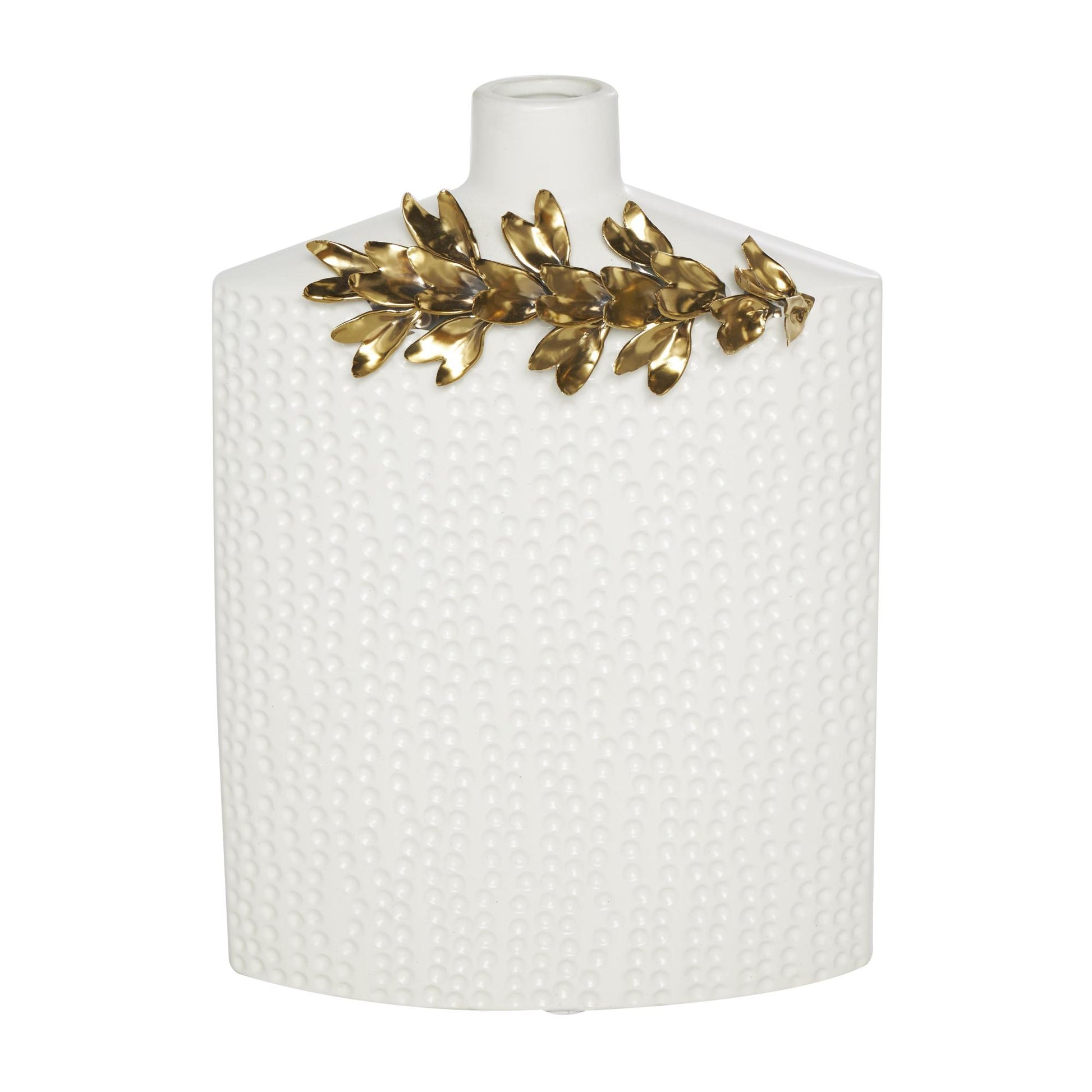 Set of 2 Leaf White Ceramic Decorative Vase with Abstract Spotted Pattern and Gold Accents