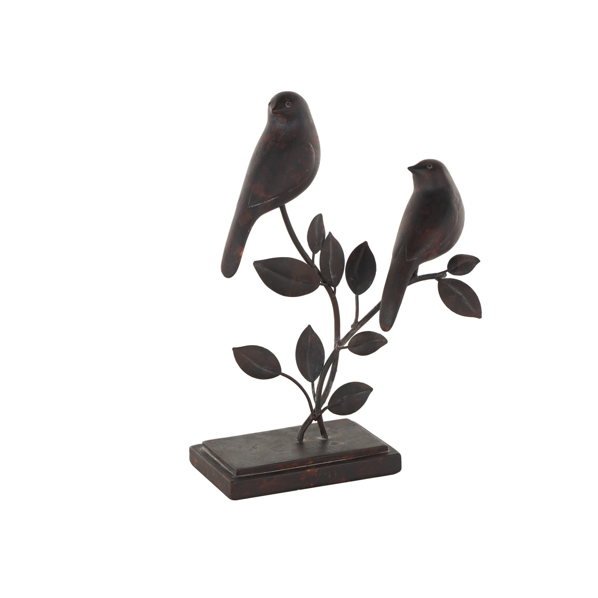 Bird Black Polystone Perching Decorative Sculpture with Leaf Vines and Copper Shading